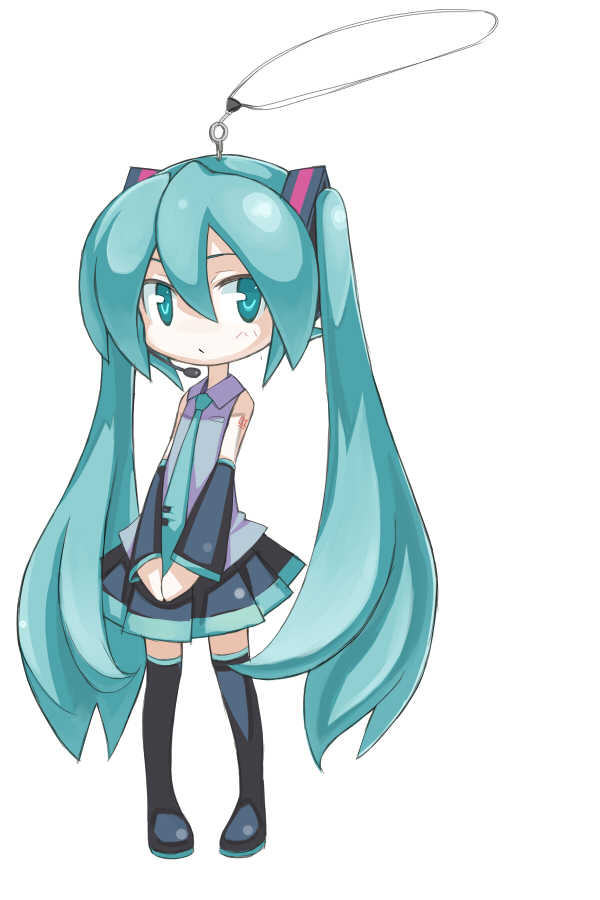 kokoro midori, shin-ryox, hatsune miku, vocaloid, ornament, aqua eyes, aqua hair, blush, cellphone strap, charm (object), detached sleeves, headset, long hair, necktie, skirt, solo, thighhighs, twintails, very long hair