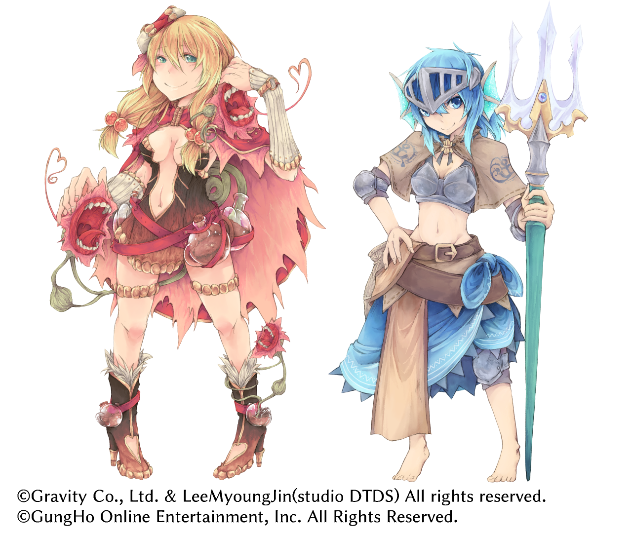 lunaraven, creator (ragnarok online), swordsman (ragnarok online), ragnarok online, commentary request, 2girls, adapted costume, barefoot, belt, black boots, blonde hair, blue eyes, blue skirt, boots, breasts, brown belt, brown capelet, brown dress, cape, capelet, chest guard, cleavage, closed mouth, clothing cutout, dress, fingernails, flask, flora (ragnarok online), flower, full body, fur-trimmed boots, fur trim, green eyes, hair bobbles, hair ornament, hand on own hip, heart cutout, holding, holding polearm, holding weapon, long hair, looking at viewer, medium breasts, multiple girls, navel, pink flower, plunging neckline, polearm, potion, red belt, red cape, simple background, skirt, smile, trident, visor (armor), weapon, white background