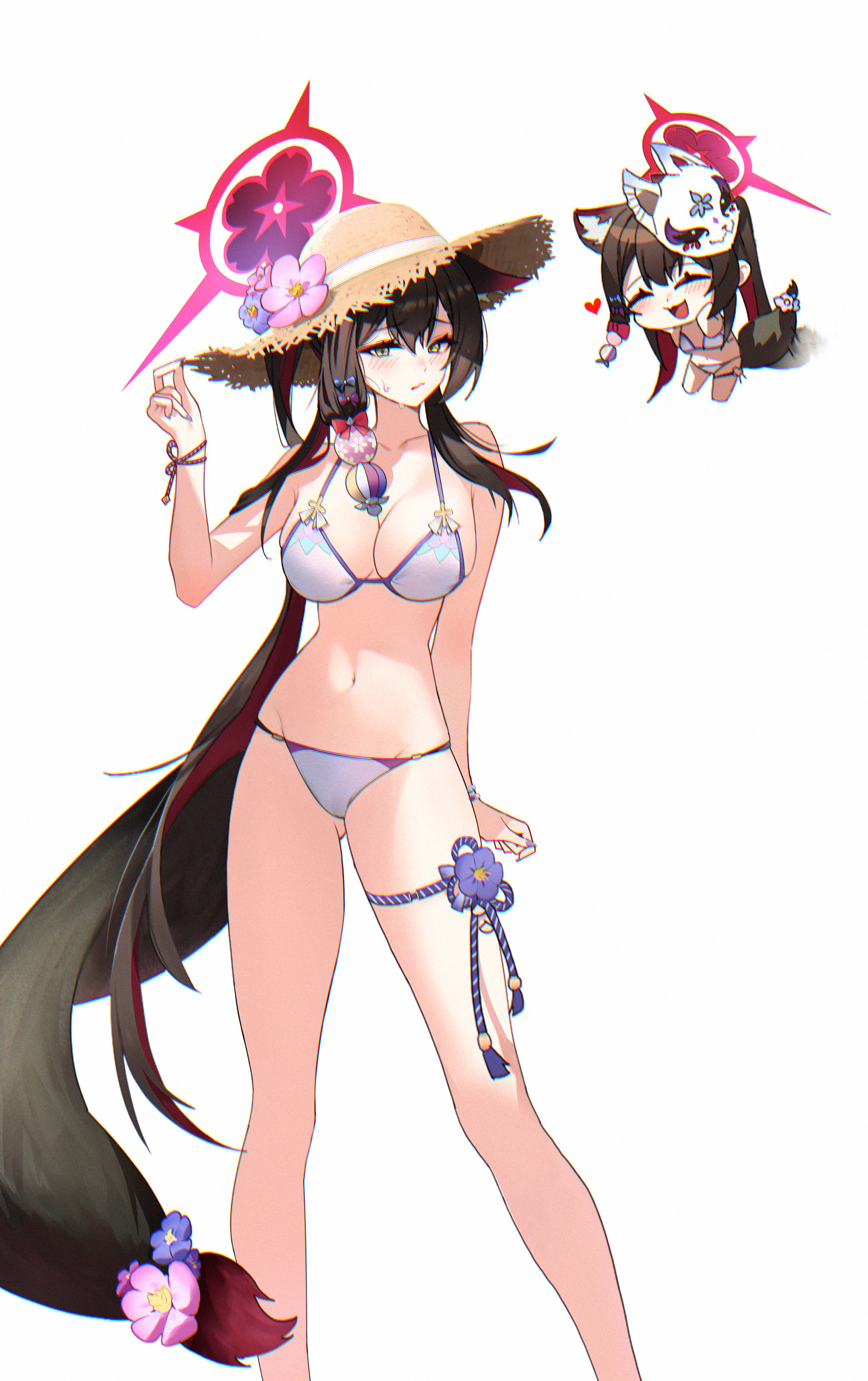 wakamo (blue archive), wakamo (swimsuit) (blue archive), blue archive, absurdres, highres, 1girl, alternate hairstyle, animal ear fluff, animal ears, bare arms, bare legs, bare shoulders, bikini, black hair, blue flower, blush, breasts, closed eyes, closed mouth, colored inner hair, extra ears, flower, fox ears, fox girl, fox mask, fox tail, hair between eyes, halo, hat, hat flower, illz0679, large breasts, long hair, looking at viewer, mask, mask on head, multicolored hair, navel, official alternate costume, open mouth, ponytail, purple bikini, purple flower, red hair, red halo, sidelocks, solo, stomach, straw hat, swimsuit, tail, tail flower, tail ornament, two-tone hair, yellow eyes