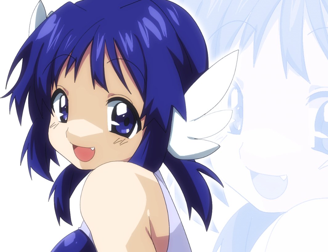bk (barakoodra), original, art fight attack, 1girl, blue eyes, blue hair, borrowed character, breasts, fang, gift art, head wings, looking at viewer, low twintails, open mouth, short twintails, twintails, wings, zoom layer