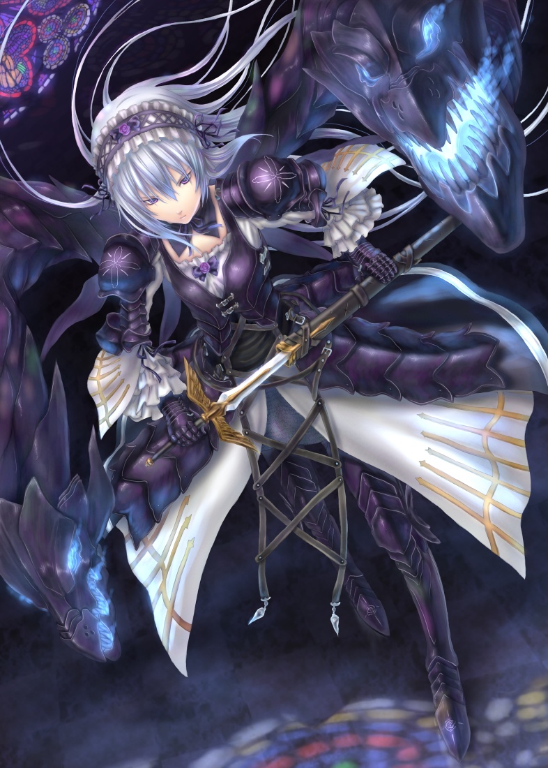 sabamu, suigintou, rozen maiden, silver hair, 00s, 1girl, armor, female focus, hairband, long hair, purple eyes, sheath, solo, sword, unsheathing, weapon