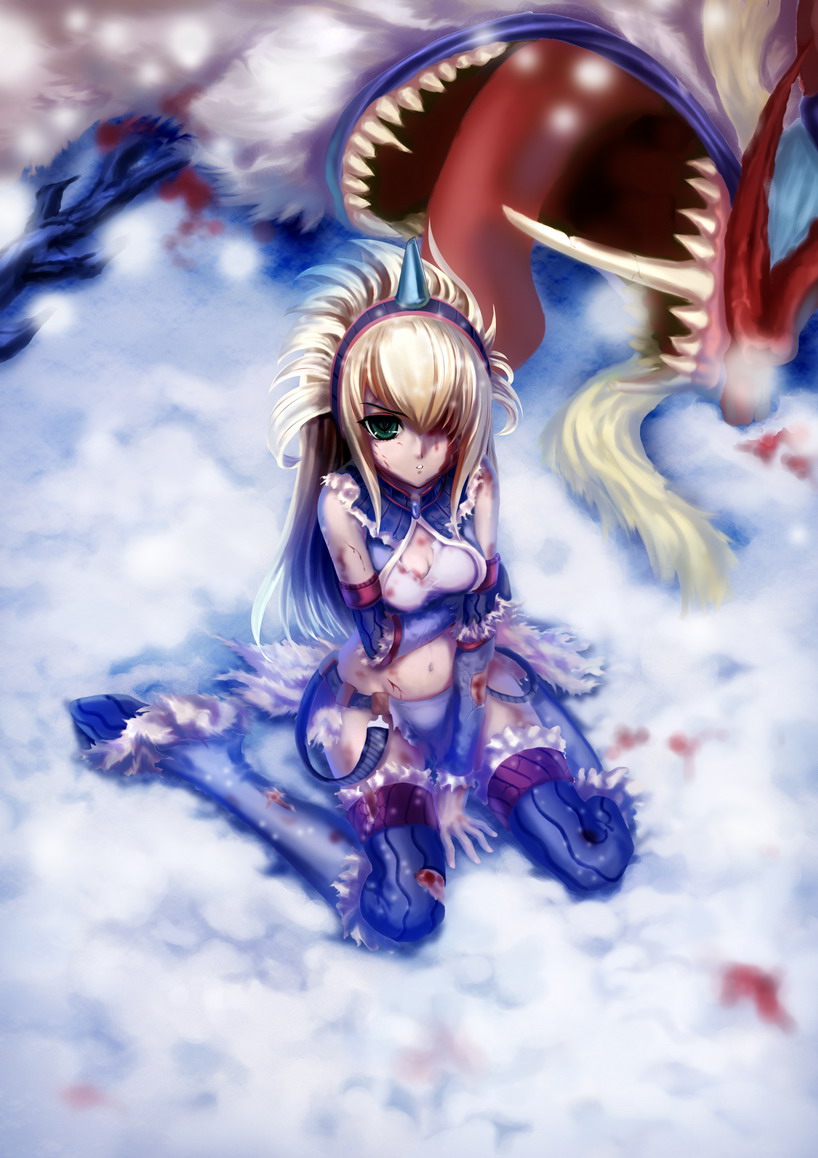 st.microscope, blangonga, capcom, monster hunter (series), 1girl, blood, detached sleeves, green hair, hair over one eye, hairband, horns, kirin (armor), kneeling, long hair, monster, single horn, sitting, snow, thighhighs