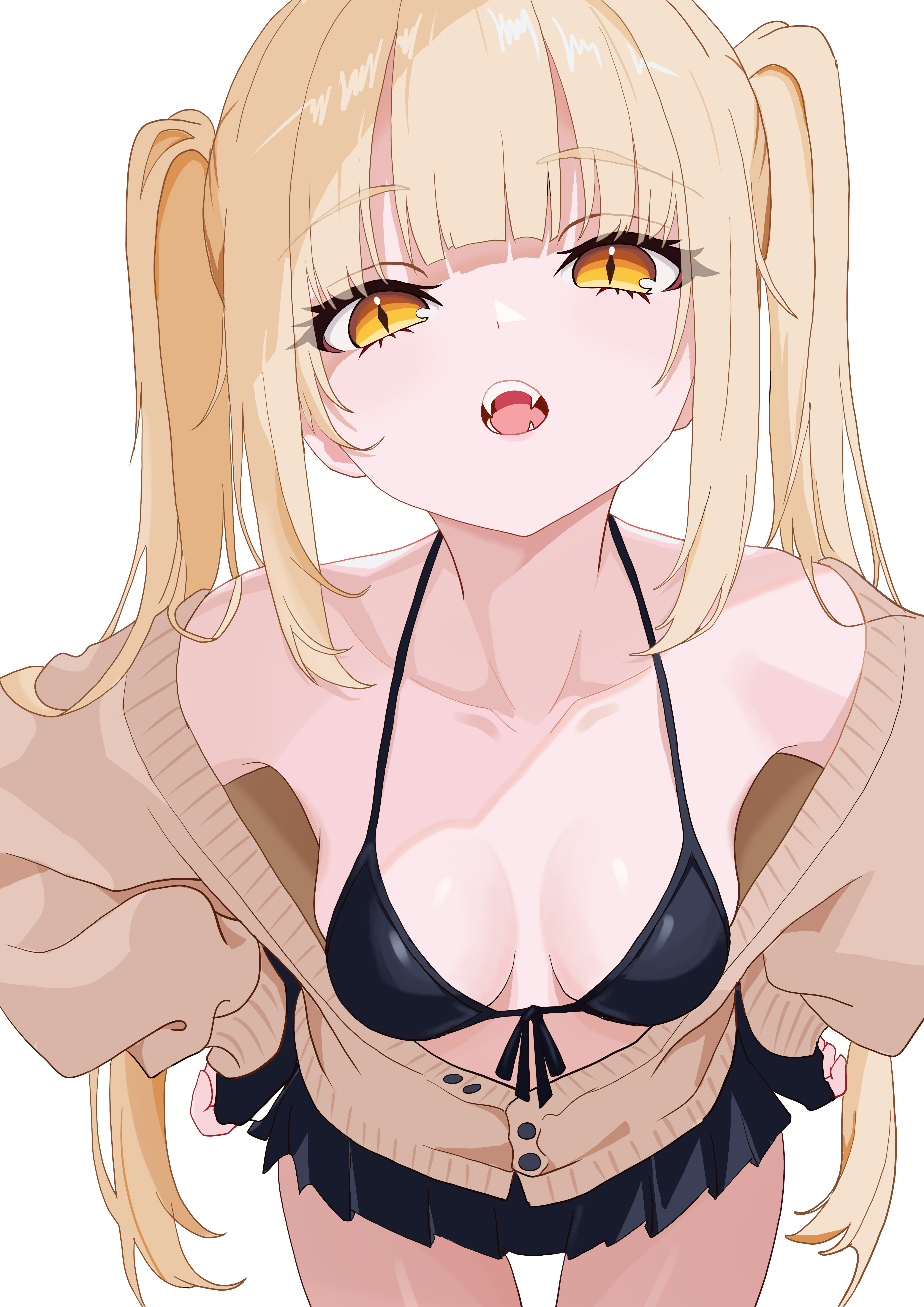 original, absurdres, commentary request, highres, 1girl, :o, bare shoulders, black bra, black gloves, black skirt, blonde hair, bra, breasts, brown cardigan, cardigan, collarbone, cowboy shot, dot nose, fangs, fingerless gloves, gloves, gradient eyes, hands on own hips, just monika, leaning forward, long hair, long sleeves, medium breasts, midriff, miniskirt, multicolored eyes, off shoulder, open mouth, pleated skirt, sidelocks, simple background, skirt, solo, standing, straight hair, teeth, thighs, twintails, underwear, very long hair, white background, yellow eyes