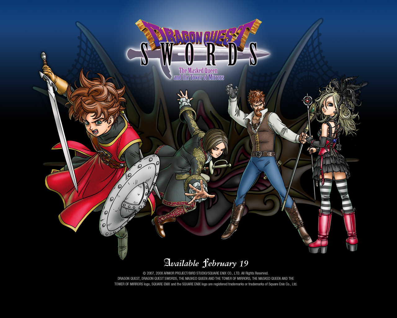 toriyama akira, baud, dean (dq swords), hero (dq swords), setia, dragon quest, dragon quest swords, official art, official wallpaper, 1girl, 3boys, feather hair ornament, feathers, hair ornament, multiple boys, nail polish, shield, striped clothes, striped thighhighs, sword, thighhighs, weapon