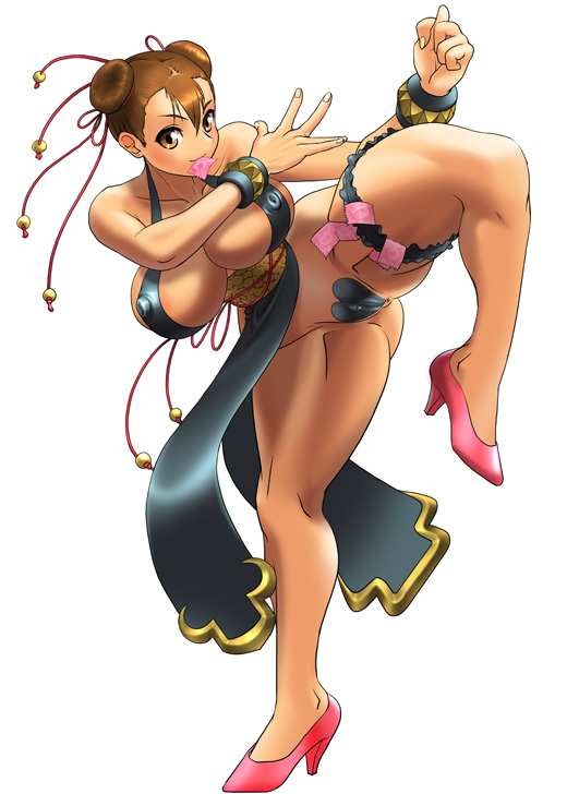 cosine, chun-li, capcom, street fighter, street fighter iv (series), bad id, bad pixiv id, 1girl, alternate costume, anus, bottomless, breasts, brown eyes, brown hair, clitoris, condom, condom in mouth, condom packet strip, condom wrapper, covered erect nipples, double bun, female focus, hair bun, heart maebari, high heels, huge breasts, looking at viewer, maebari, mouth hold, no bra, no panties, pasties, pelvic curtain, pussy, revealing clothes, shoes, short hair, simple background, solo, standing, standing on one leg, thick thighs, thighs, uncensored, white background