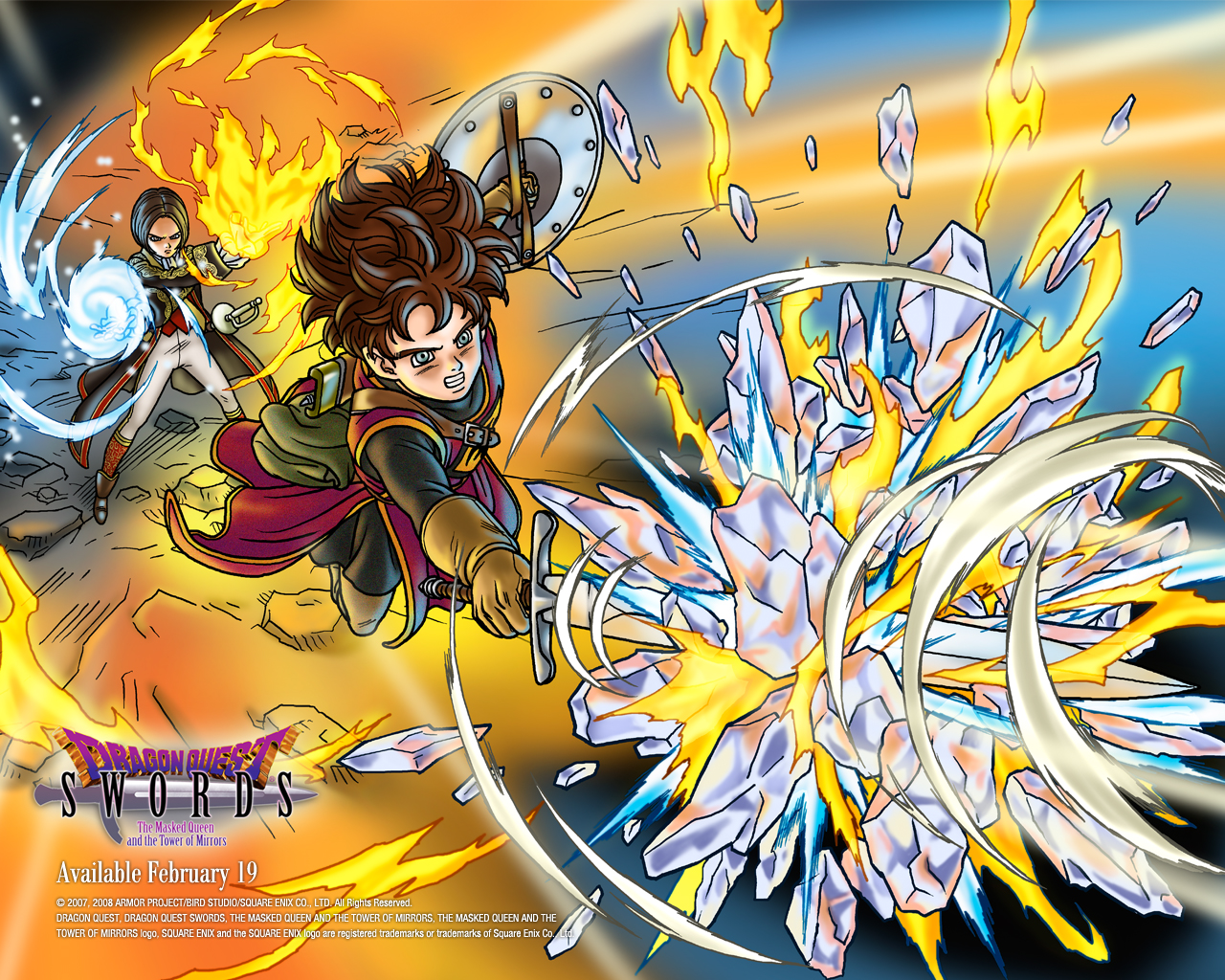 toriyama akira, dean (dq swords), hero (dq swords), dragon quest, dragon quest swords, official art, official wallpaper, 2boys, fire, ice, multiple boys, shield, sword, weapon