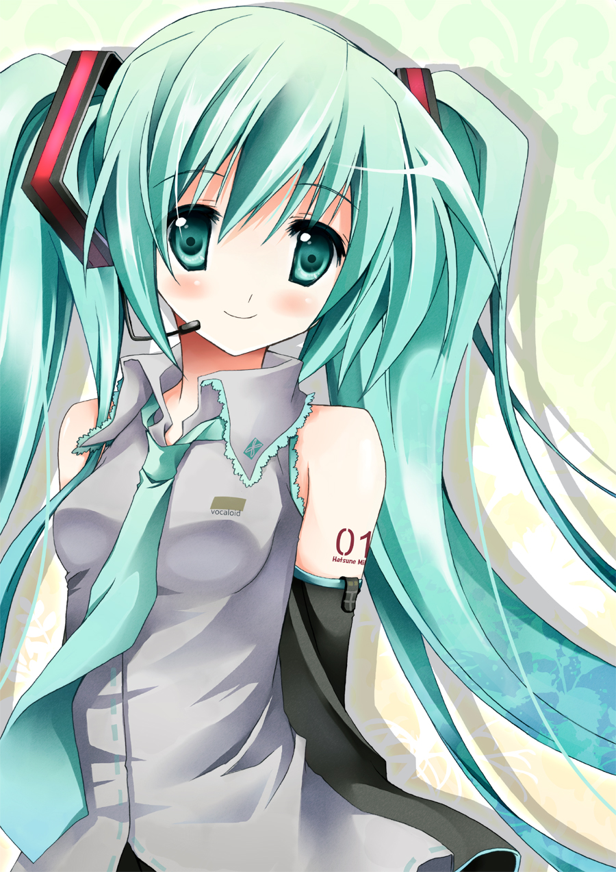 purinpurin, hatsune miku, vocaloid, bad id, bad pixiv id, colorized, highres, 1girl, arms behind back, detached sleeves, female focus, green eyes, green hair, headset, long hair, matching hair/eyes, necktie, smile, solo, twintails, very long hair