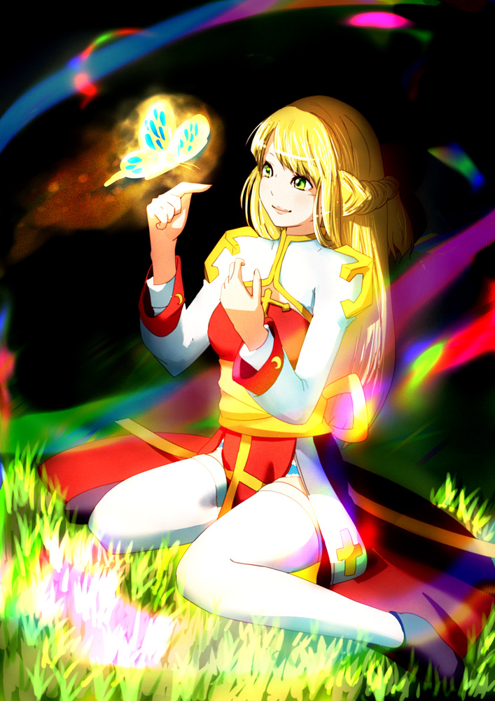 arch bishop (ragnarok online), ragnarok online, commentary request, 1girl, black background, black shoes, blonde hair, braid, breasts, bug, butterfly, closed mouth, cross, dress, full body, glowing butterfly, grass, green eyes, half up braid, insect, long hair, medium breasts, red dress, sash, shoes, smile, solo, soranochica, thighhighs, two-tone dress, white dress, white thighhighs, yellow butterfly, yellow sash