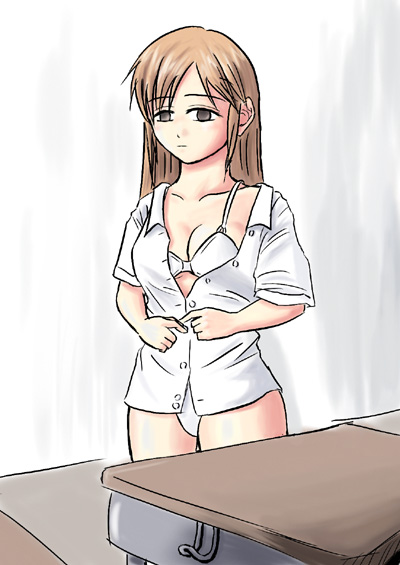 bra, empty eyes, hypnosis, long hair, mind control, pants, school uniform, solo, underwear, undressing, white pants