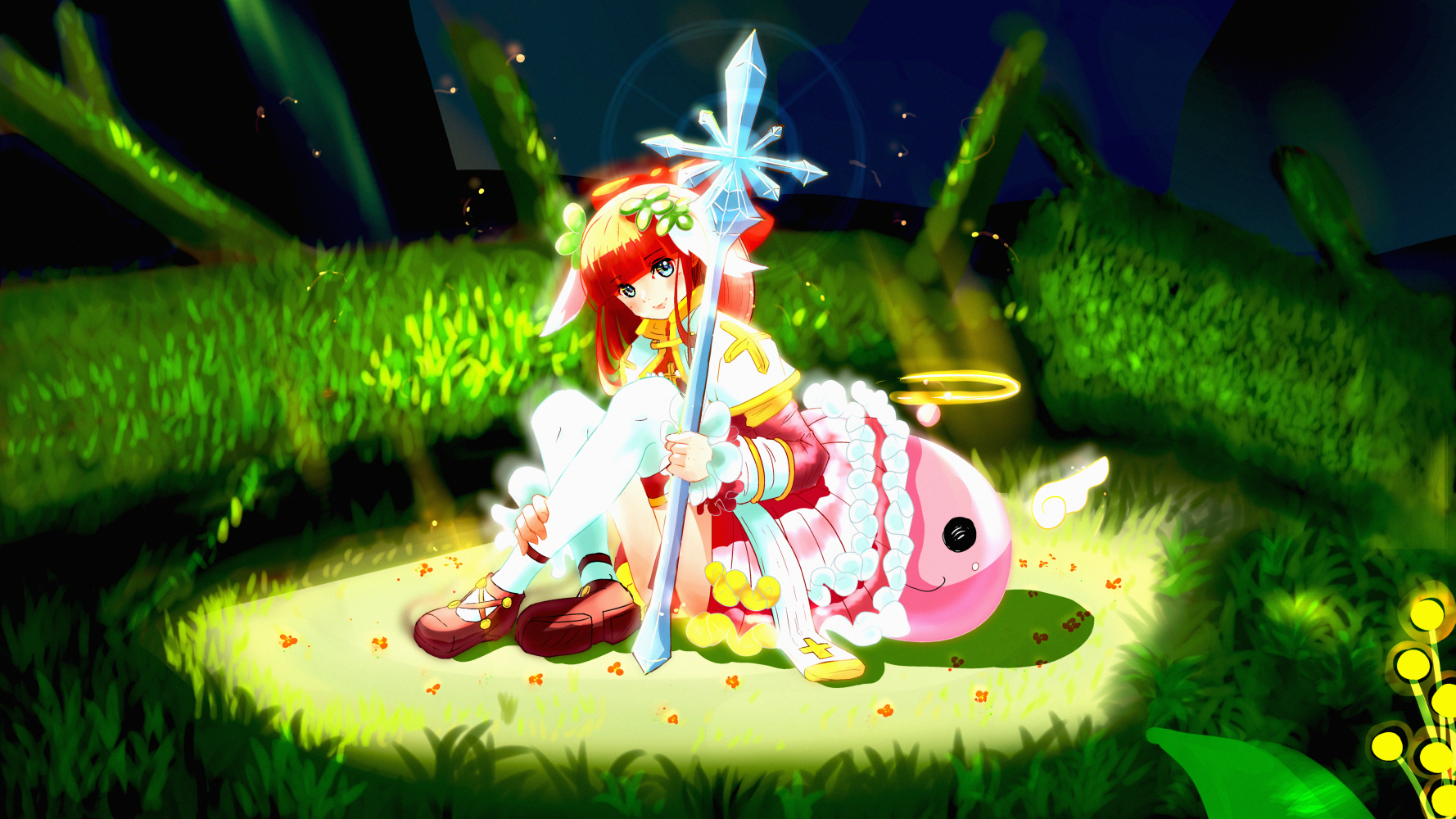 angeling, arch bishop (ragnarok online), ragnarok online, commentary request, highres, 1girl, animal ears, blunt bangs, blush, closed mouth, clover hair ornament, cross, detached wings, dress, floppy ears, frilled dress, frills, full body, grass, green eyes, hair ornament, halo, holding, holding staff, juliet sleeves, long hair, long sleeves, looking at viewer, puffy sleeves, rabbit ears, rabbit girl, red hair, red shoes, shoes, sitting, slime (creature), smile, solo, soranochica, staff, thighhighs, traditional halo, two-tone dress, white dress, white thighhighs, white wings, wings, yellow halo