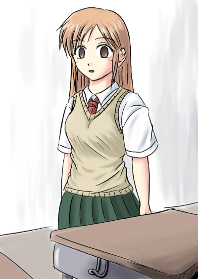 1girl, empty eyes, female focus, hypnosis, long hair, mind control, school uniform, solo