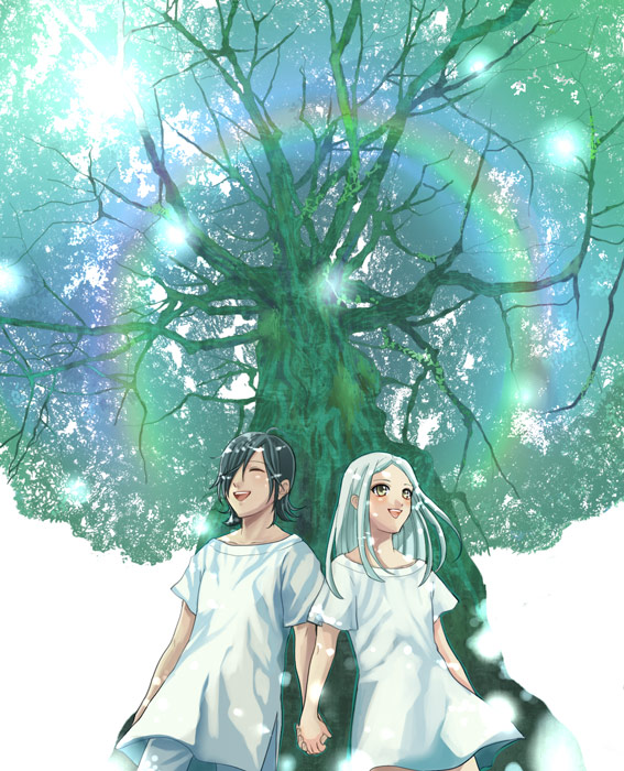 ask, ask (densicho), allelujah haptism, soma peries, gundam, gundam 00, 00s, 1boy, 1girl, :d, ^ ^, black hair, brown eyes, closed eyes, dress, from below, glowing, hair over one eye, hetero, holding hands, hospital gown, long hair, open mouth, outdoors, pants, rainbow, short sleeves, smile, tree, under tree, white hair