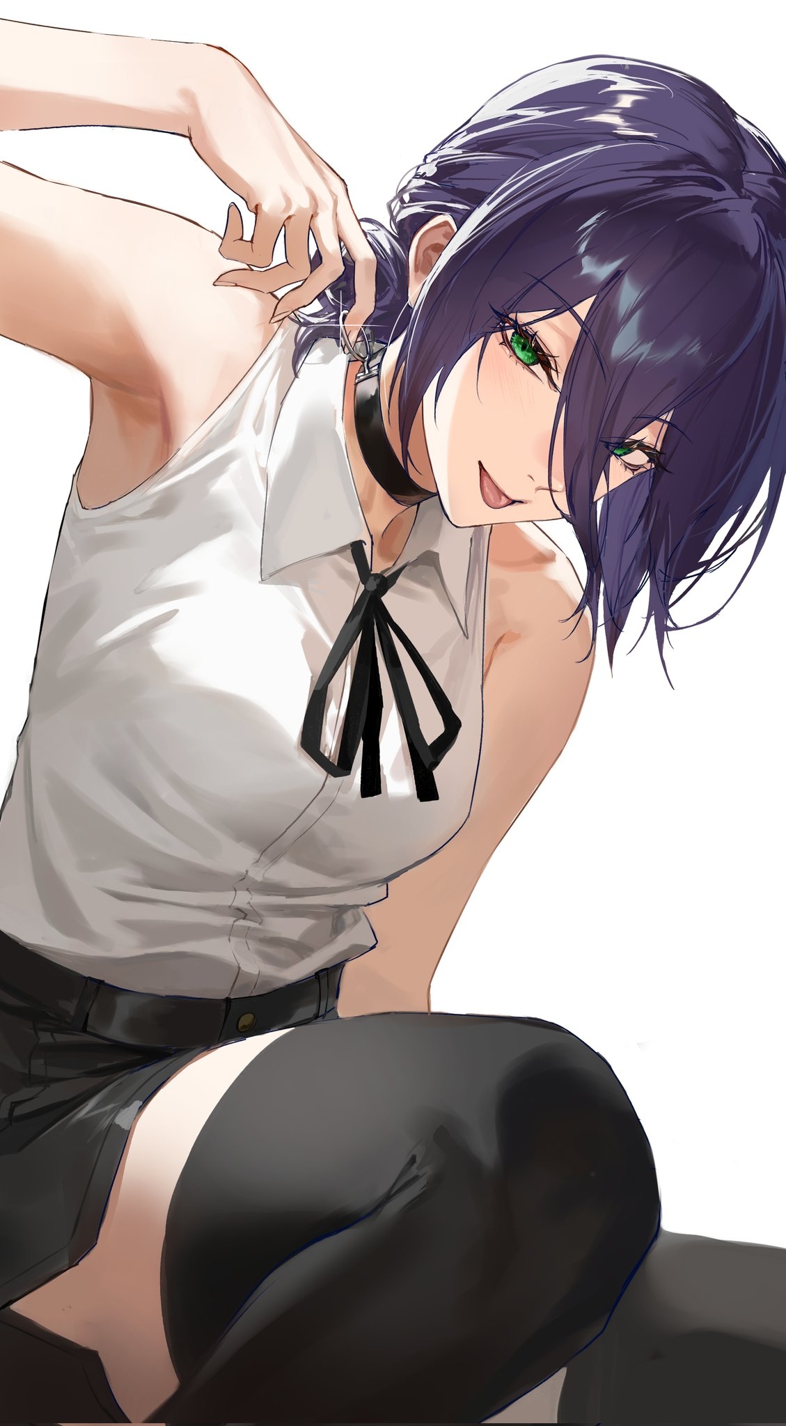 zonotaida, reze (chainsaw man), chainsaw man, highres, revision, 1girl, black choker, black ribbon, choker, green eyes, hair between eyes, hair bun, looking at viewer, purple hair, ribbon, shirt, sleeveless, sleeveless shirt, solo, white background, white shirt