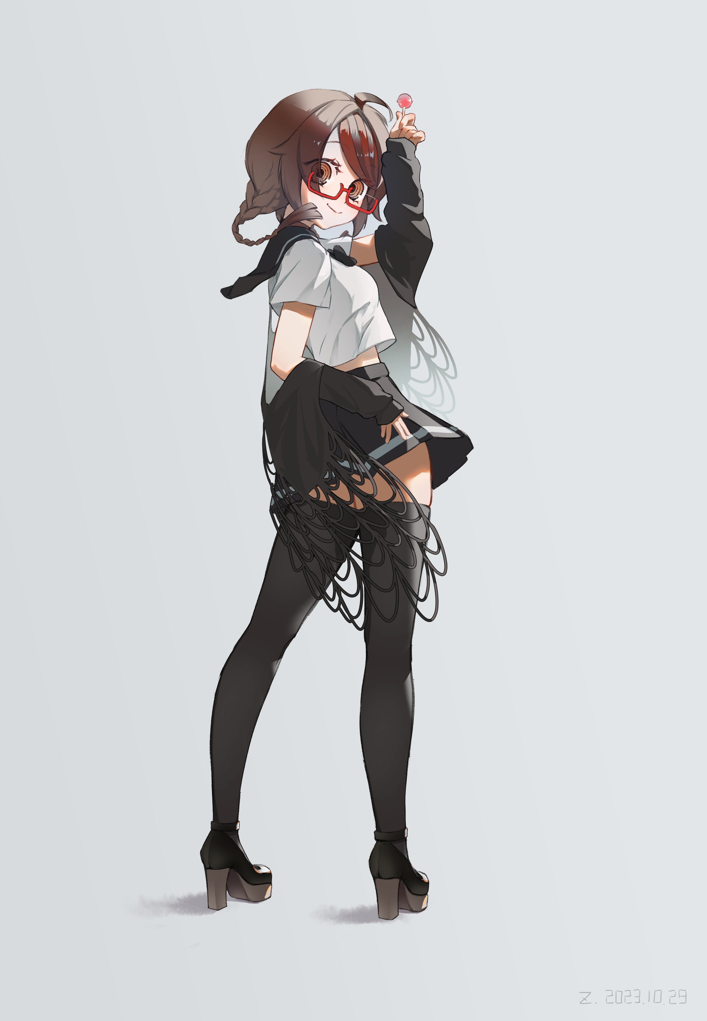 kuon iki, sakimiya misaki, dead mount death play, absurdres, commentary request, highres, partial commentary, 1girl, ahoge, black jacket, black sailor collar, black shoes, black skirt, black thighhighs, breasts, brown hair, candy, closed mouth, dated, eyes visible through hair, floating clothes, floating hair, food, from behind, full body, glasses, grey background, hand on own hip, hand up, high heels, holding, holding candy, holding food, holding lollipop, jacket, jacket partially removed, lollipop, long hair, long sleeves, looking at viewer, looking back, looking over eyewear, low twintails, medium breasts, midriff peek, miniskirt, multicolored hair, open clothes, open jacket, orange eyes, parted bangs, pleated skirt, red-framed eyewear, ringed eyes, sailor collar, school uniform, serafuku, shirt, shoes, short sleeves, sidelocks, simple background, skirt, sleeves past wrists, smile, solo, standing, streaked hair, thighhighs, turning head, twintails, twisted torso, white shirt