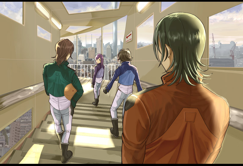 ask, ask (densicho), allelujah haptism, haro, lockon stratos, lyle dylandy, setsuna f. seiei, tieria erde, gundam, gundam 00, uniform, 00s, 4boys, boots, brown hair, cityscape, hallway, helmet, jacket, looking back, male focus, multiple boys, purple hair, shadow, stairs, sunlight, walking