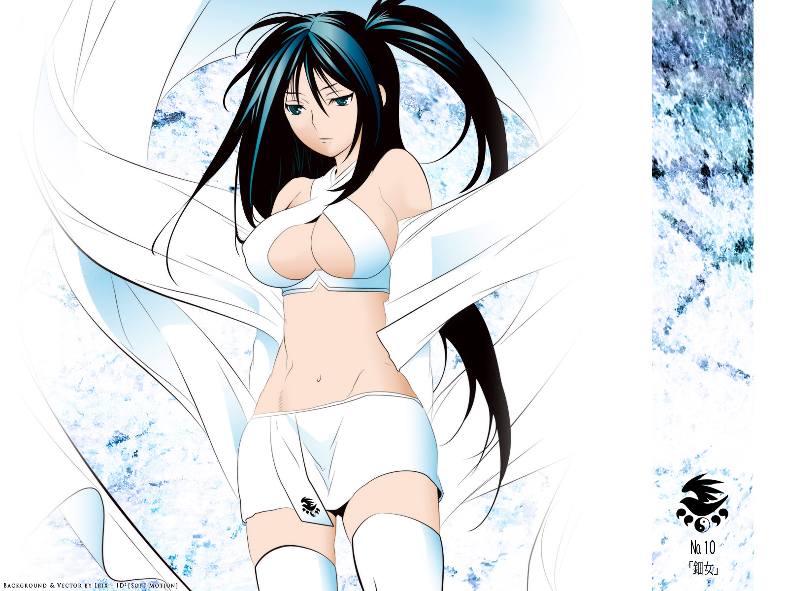 gokurakuin sakurako, uzume, uzume (sekirei), sekirei, clothes, highres, 00s, 1girl, bare shoulders, black hair, breasts, cleavage, cleavage cutout, clothing cutout, covered erect nipples, female focus, green eyes, large breasts, long hair, midriff, miniskirt, navel, side ponytail, sideboob, skirt, solo, standing, thighhighs, underboob, very long hair, white theme, white thighhighs, zettai ryouiki