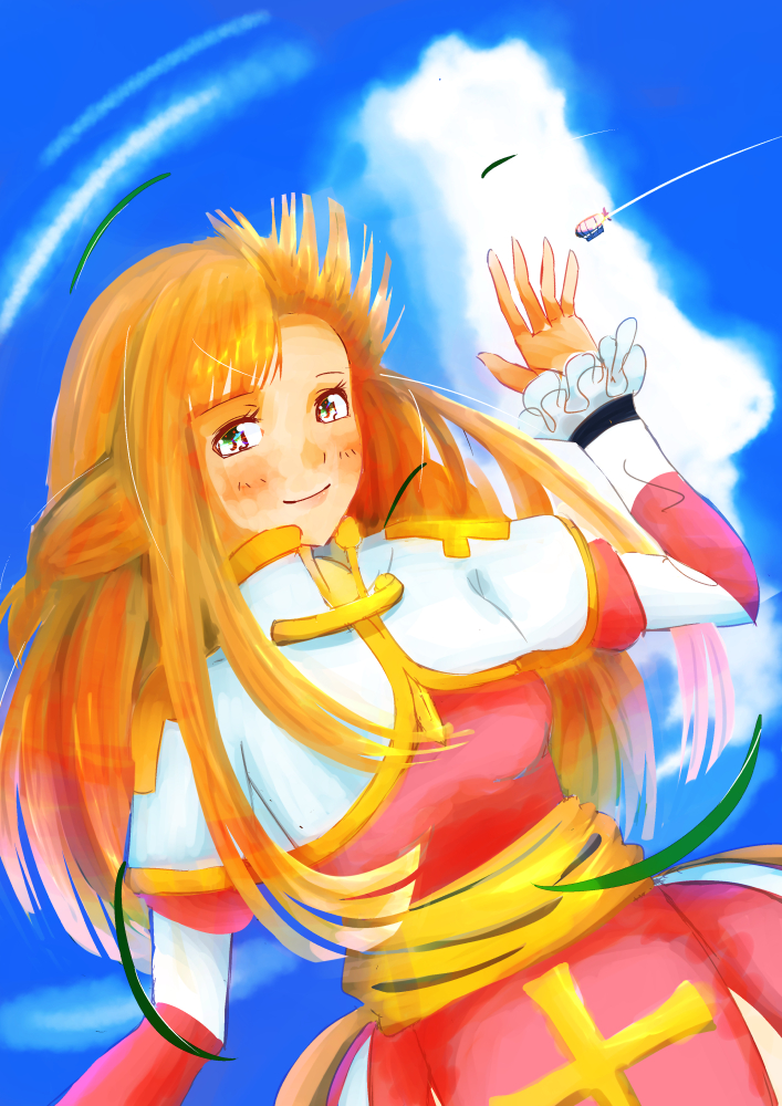 arch bishop (ragnarok online), ragnarok online, commentary request, 1girl, aircraft, bangs blown up, blue sky, blush, closed mouth, cloud, cowboy shot, cross, day, dirigible, dress, frilled sleeves, frills, gold trim, grey eyes, half updo, long hair, looking at viewer, orange hair, outdoors, red dress, sash, sky, smile, solo, soranochica, two-tone dress, white dress, yellow sash