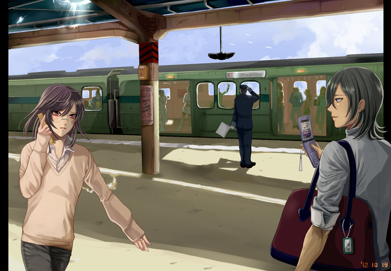 ask, ask (densicho), allelujah haptism, tieria erde, gundam, gundam 00, uniform, 00s, 10s, 2012, 2boys, animal, back, bag, bird, casual, cellphone, charm (object), collared shirt, dated, day, flipped hair, glasses, holding, holding phone, long sleeves, looking at another, multiple boys, pants, phone, purple hair, red eyes, rimless eyewear, salute, shadow, shirt, shoulder bag, sky, sleeves rolled up, smile, standing, sweater, train, train station, walking