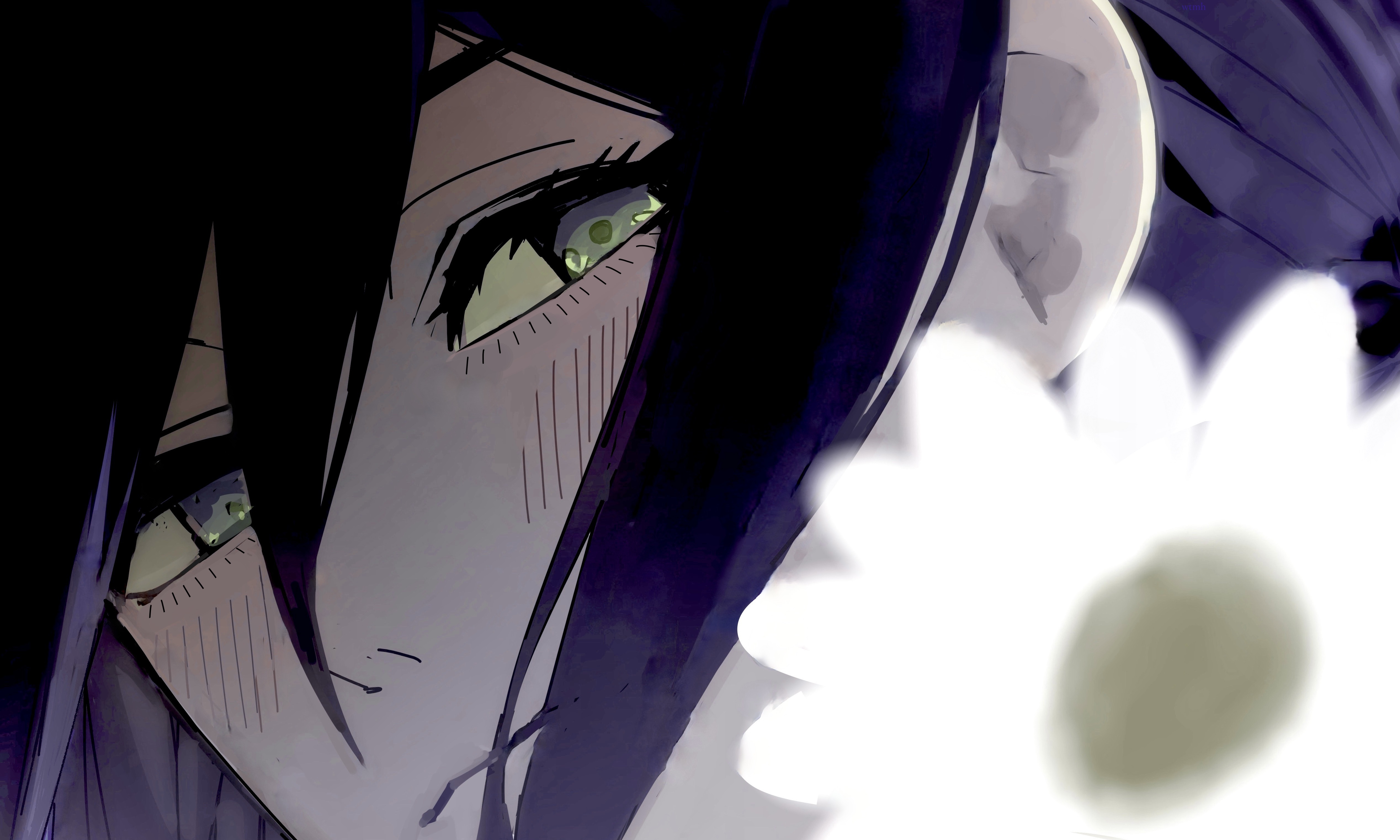 usagi (wtmh), reze (chainsaw man), chainsaw man, absurdres, commentary request, highres, 1girl, close-up, closed mouth, flower, green eyes, hair between eyes, light blush, purple hair, solo, white flower