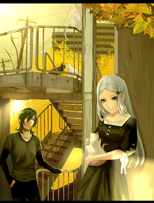 ask, ask (densicho), allelujah haptism, soma peries, gundam, gundam 00, silver hair, 00s, 1boy, 1girl, animal, autumn, autumn leaves, black cat, cat, collarbone, dress, green eyes, green shirt, hair ornament, hand in pocket, holding, holding animal, leaf, letterboxed, long sleeves, looking at another, looking at viewer, outdoors, plant, power lines, railing, shirt, stairs, standing, tree, upper body, white cat