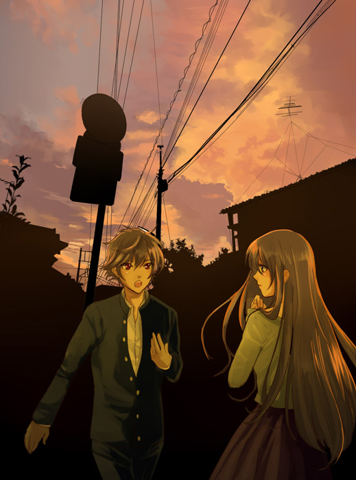 ask, ask (densicho), marina ismail, setsuna f. seiei, gundam, gundam 00, silver hair, 00s, 1boy, 1girl, brown eyes, brown hair, evening, formal clothes, long hair, long sleeves, outdoors, pants, pleated skirt, power lines, red skirt, running, sailor collar, school uniform, serafuku, skirt, sky, suit, sunset, utility pole, very long hair