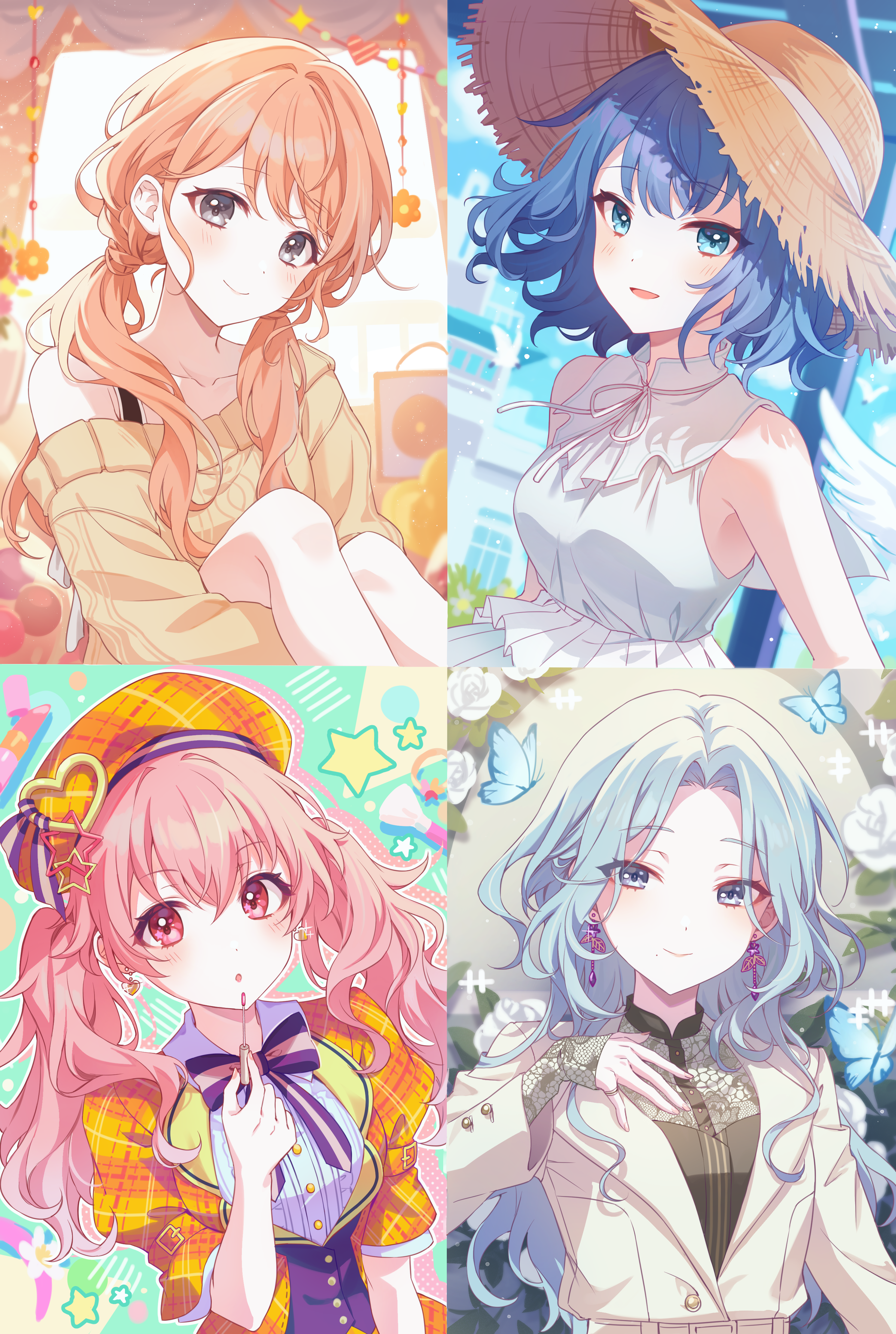 kheng (k heng1223), hanasato minori, hinomori shizuku, kiritani haruka, momoi airi, project sekai, absurdres, commentary request, highres, 4girls, :o, bare arms, bare shoulders, black shirt, blue eyes, blue hair, blush, bow, bowtie, breasts, brown hair, brown hat, bug, butterfly, closed mouth, collarbone, collared shirt, colorful festival (project sekai), cosmetics, day, dress, earrings, eyes visible through hair, feet out of frame, flower, grey eyes, hair between eyes, hand on own chest, hat, hat ornament, hat ribbon, heart, heart earrings, heart hat ornament, holding, holding lipstick tube, insect, jacket, jewelry, lipstick tube, long hair, long sleeves, looking at viewer, low twintails, makeup brush, mole, mole under mouth, more more jump! (project sekai), multiple girls, neck ribbon, off-shoulder sweater, off shoulder, official alternate costume, official alternate hair length, official alternate hairstyle, open mouth, orange hat, orange jacket, outdoors, outline, parted bangs, pink eyes, pink hair, plaid clothes, plaid hat, plaid jacket, purple bow, purple bowtie, ribbon, ring, rose, shirt, short hair, short sleeves, sitting, sleeveless, sleeveless dress, smile, solo, star (symbol), star hat ornament, striped bow, sun hat, sweater, twintails, upper body, wavy hair, white dress, white flower, white jacket, white outline, white ribbon, white rose, white shirt, yellow sweater