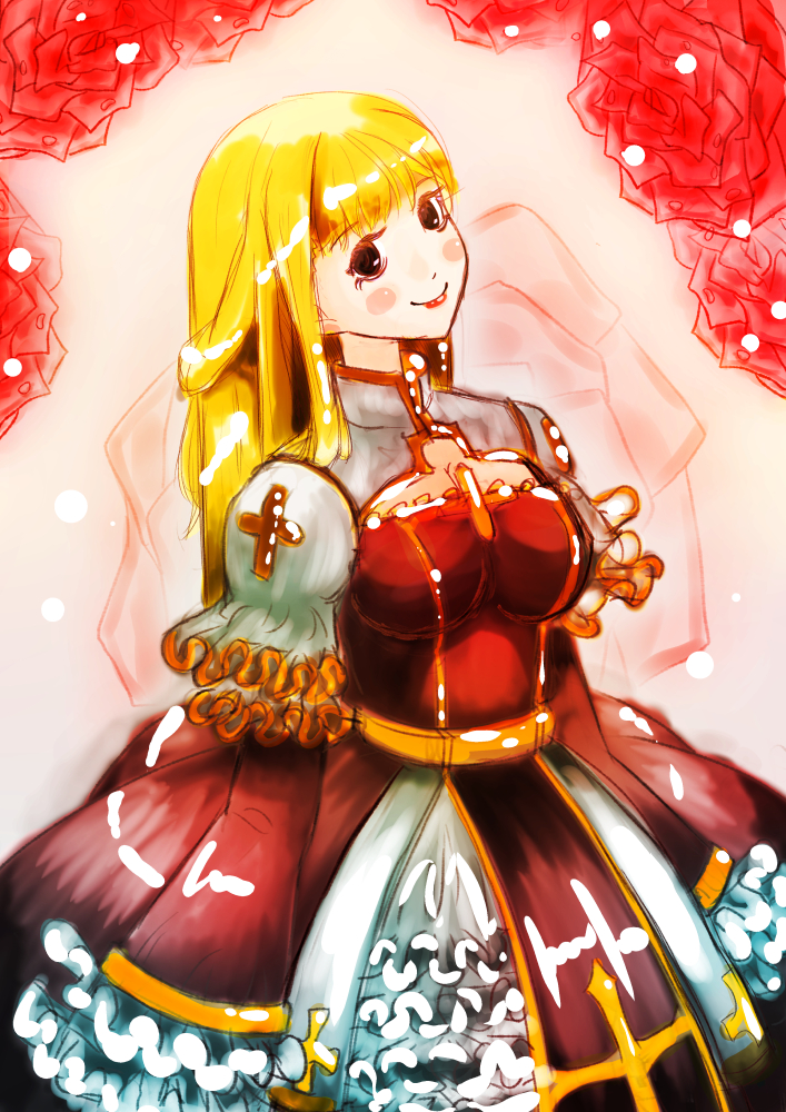 arch bishop (ragnarok online), ragnarok online, commentary request, 1girl, black eyes, blonde hair, blush, breasts, cleavage, cleavage cutout, closed mouth, clothing cutout, cowboy shot, dress, flower, frilled dress, frilled sleeves, frills, large breasts, long hair, long sleeves, looking at viewer, official alternate costume, pink background, red dress, red flower, red rose, rose, smile, solo, soranochica, two-tone dress, white dress