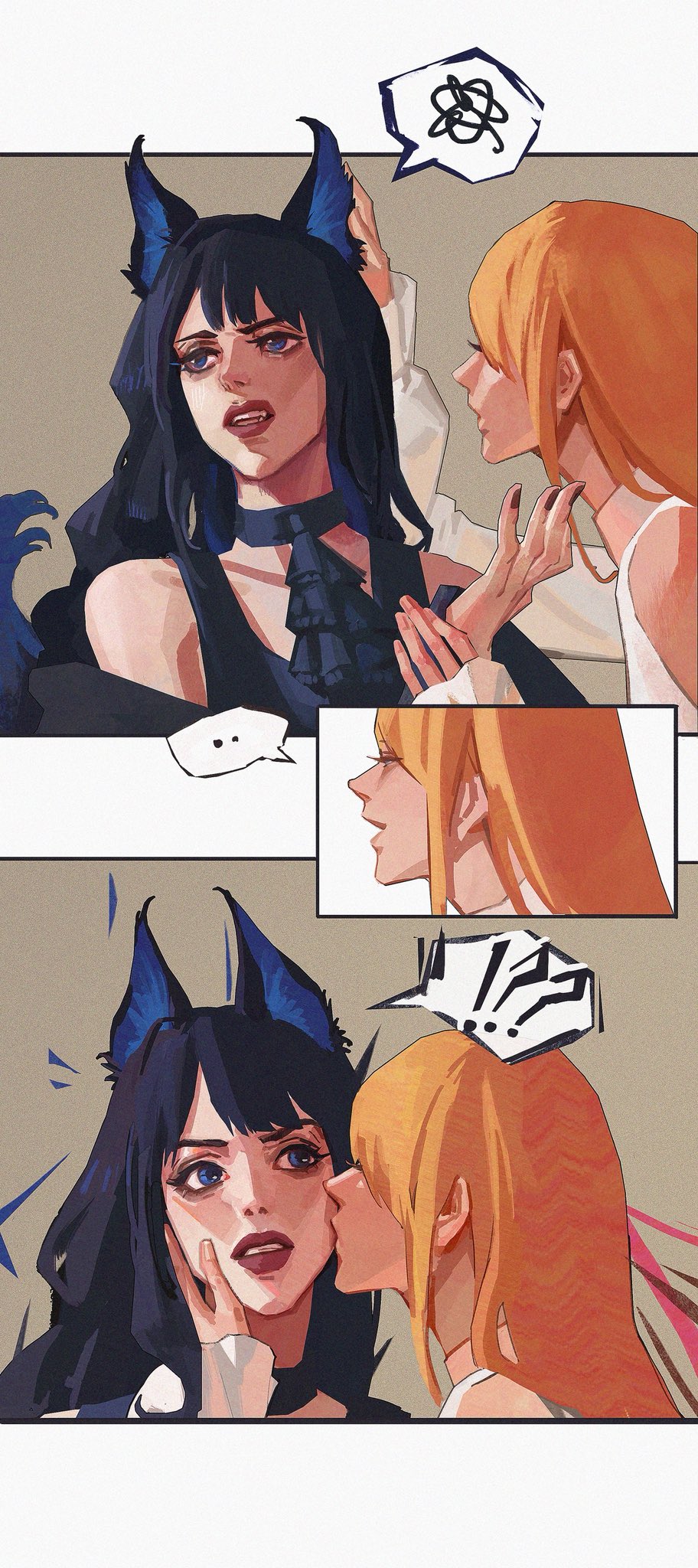 migaloo, gaia (ff14), ryne waters, final fantasy, final fantasy xiv, commentary, highres, !?, 2girls, ascot, black ascot, black dress, black nails, clothing cutout, dress, grabbing another's ear, hand on another's ear, hand on another's face, kemonomimi mode, kiss, kissing cheek, long hair, multiple girls, open mouth, orange hair, purple hair, red lips, shoulder cutout, smile, spoken interrobang, spoken squiggle, squiggle, white dress, yuri