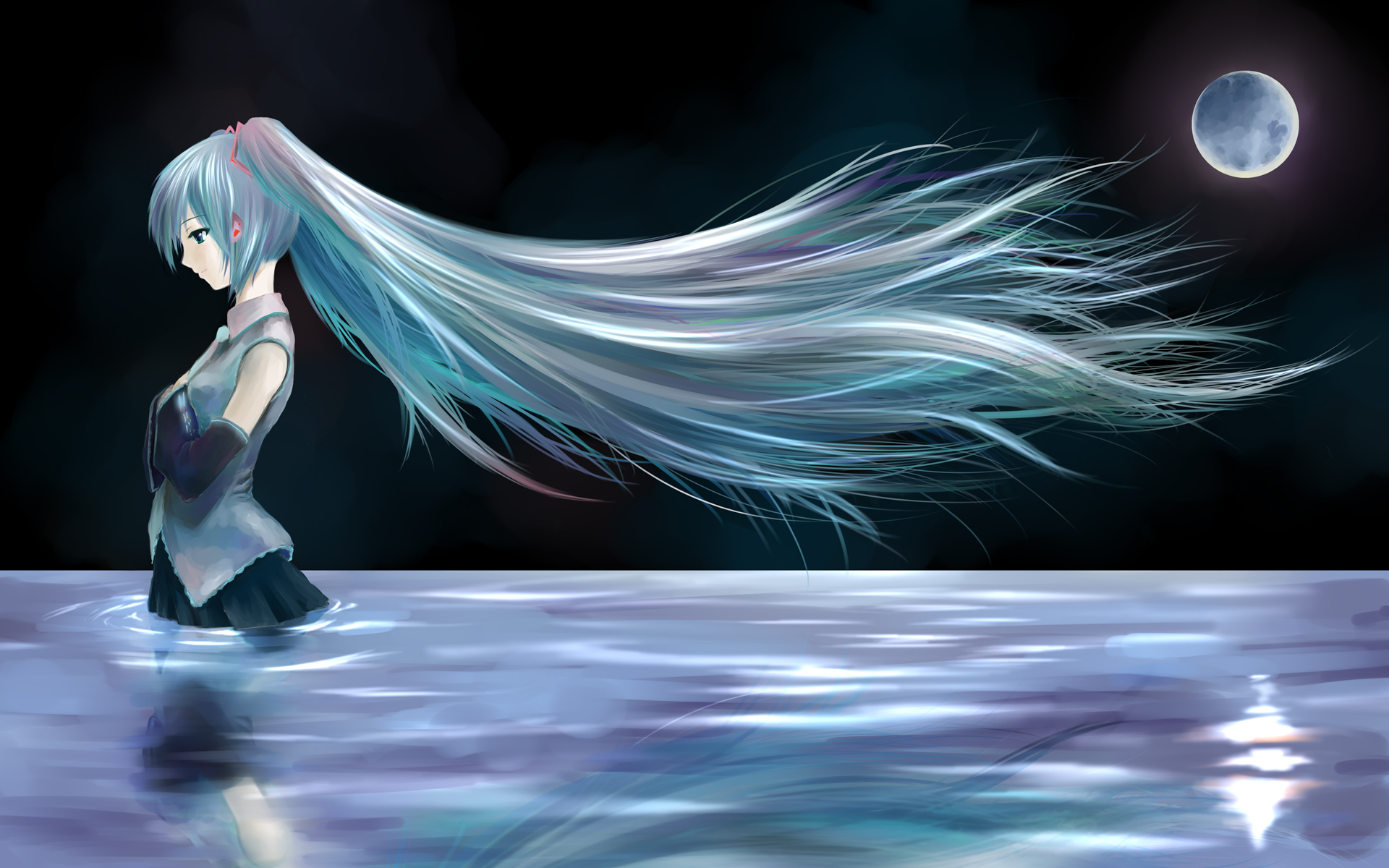 totuka, hatsune miku, vocaloid, bad id, bad pixiv id, highres, 1girl, aqua hair, detached sleeves, female focus, long hair, moon, necktie, skirt, solo, twintails, very long hair, water