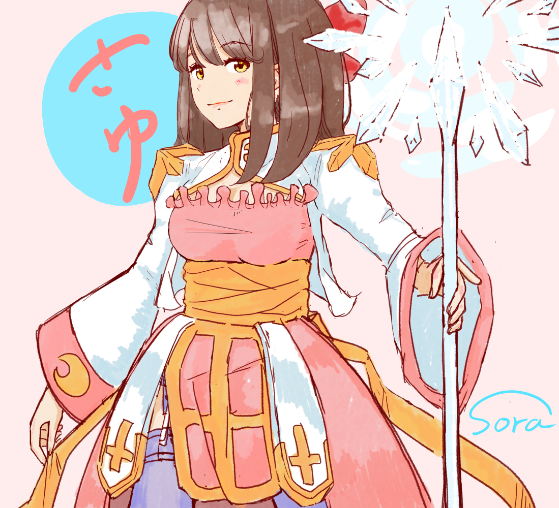 arch bishop (ragnarok online), ragnarok online, commentary request, 1girl, blush, bow, breasts, brown hair, closed mouth, cowboy shot, dress, hair bow, holding, holding staff, long hair, long sleeves, looking at viewer, medium breasts, orange sash, pink background, pink dress, red bow, signature, simple background, smile, solo, soranochica, staff, two-tone dress, white dress, wide sleeves, yellow eyes
