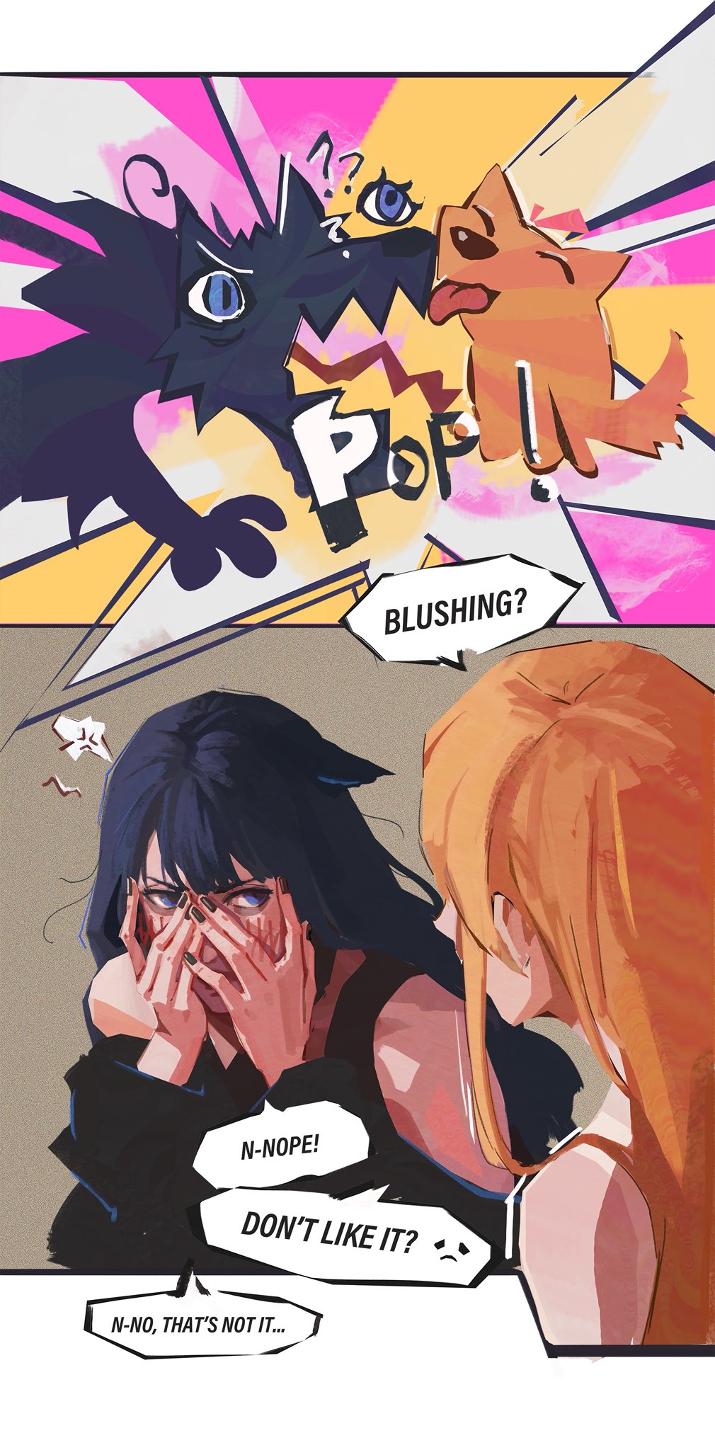 migaloo, gaia (ff14), ryne waters, final fantasy, final fantasy xiv, commentary, highres, 2girls, animalization, black dress, black nails, blue eyes, blush, covering face, dress, english text, kemonomimi mode, licking, licking another's face, long hair, looking at another, multiple girls, orange hair, purple hair, red lips, speech bubble, yuri