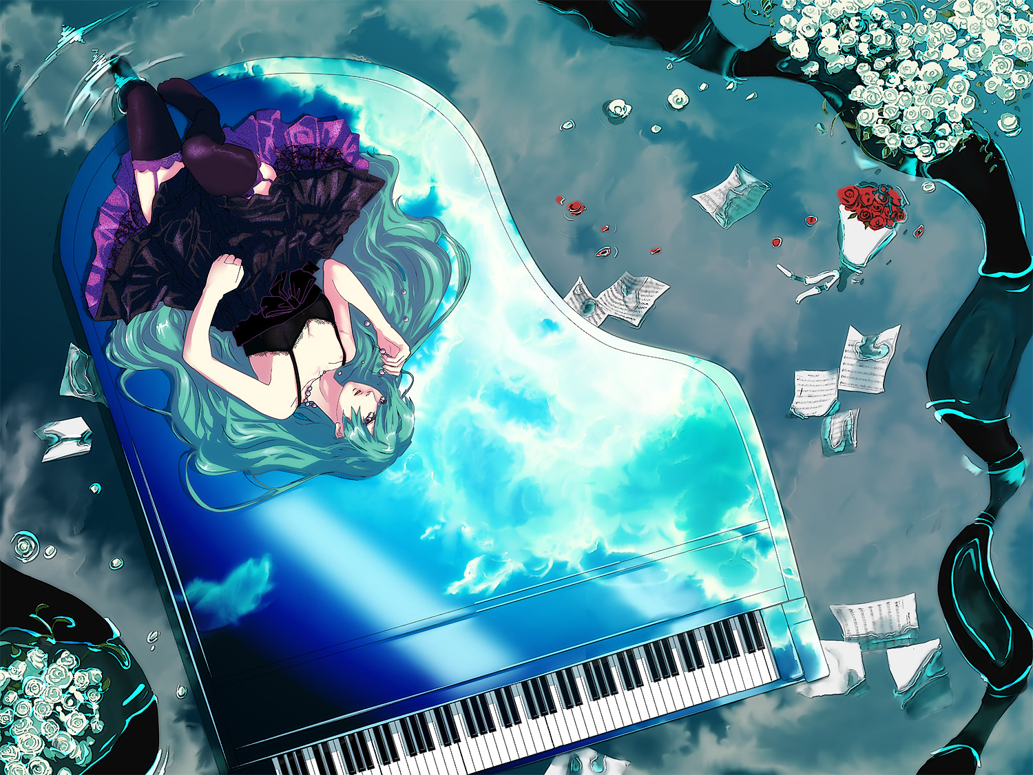 liran (iro), ranmaru (iro), hatsune miku, vocaloid, bad id, 1girl, cloud, dress, female focus, flower, garter straps, grand piano, green hair, instrument, jewelry, long hair, lying, necklace, piano, reflection, rose, sheet music, sky, solo, thighhighs, water