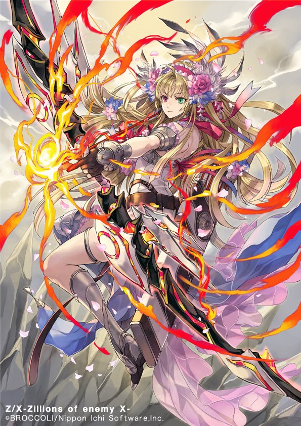 hagiya kaoru, gandiva (z/x), z/x, official art, 1girl, ahoge, armored boots, backless outfit, blonde hair, boots, bow (weapon), closed mouth, copyright notice, fire, flower, frilled hairband, frills, green eyes, hair flower, hair ornament, hairband, heterochromia, holding, holding bow (weapon), holding weapon, long hair, pink petals, purple eyes, solo, weapon