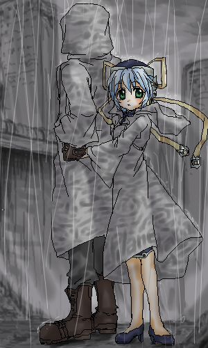 hoshino yumemi, junker, planetarian, lowres, 00s, 1boy, 1girl, blue hair, grey theme, holding hands, oekaki, outdoors, rain, ribbon, sky