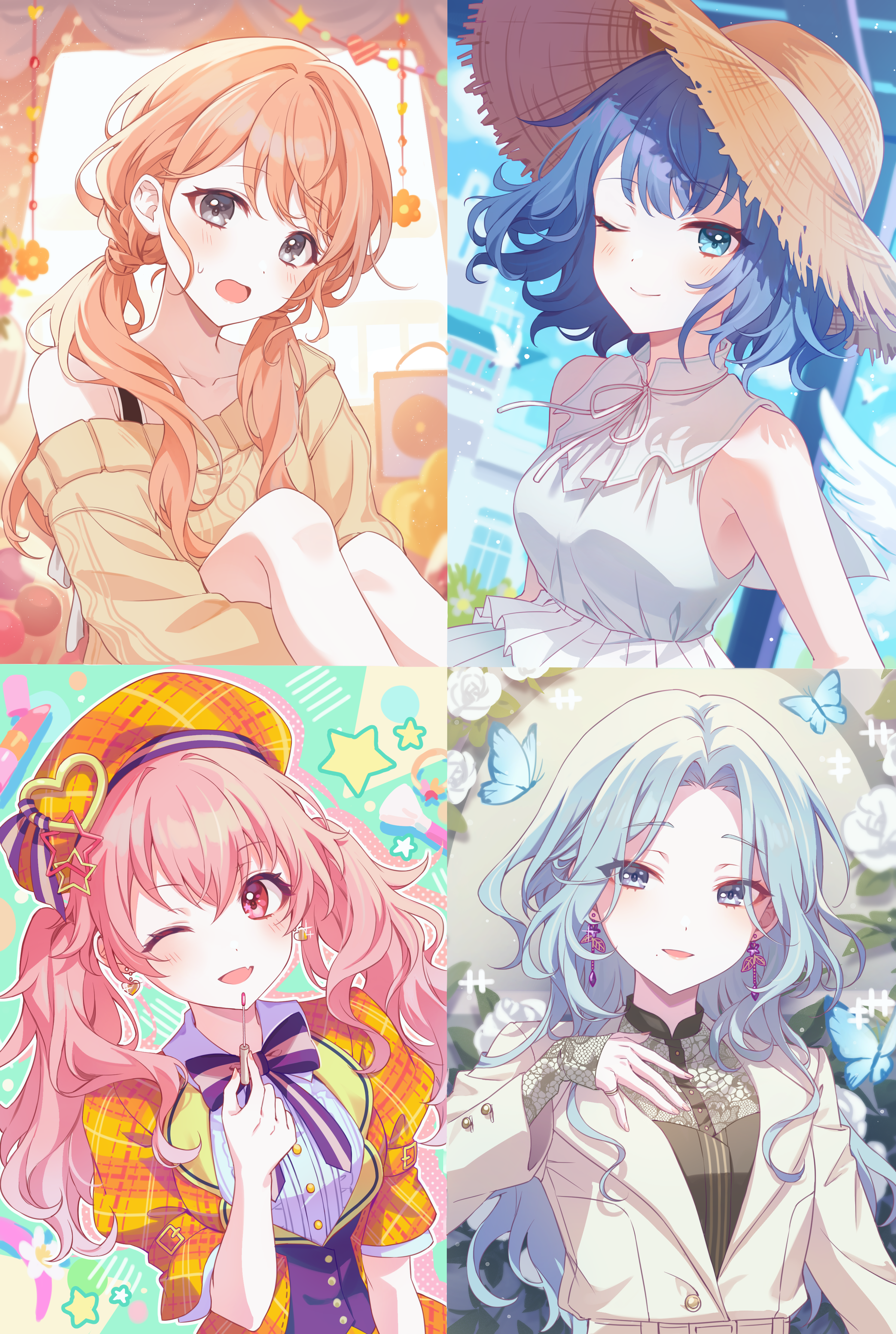kheng (k heng1223), hanasato minori, hinomori shizuku, kiritani haruka, momoi airi, project sekai, absurdres, commentary request, highres, 4girls, ;), ;d, bare arms, bare shoulders, beret, black shirt, blue eyes, blue hair, blush, bow, bowtie, breasts, brown hair, brown hat, bug, butterfly, closed mouth, collarbone, collared shirt, colorful festival (project sekai), cosmetics, day, dress, earrings, eyes visible through hair, fang, feet out of frame, flower, grey eyes, hair between eyes, hand on own chest, hat, hat ornament, hat ribbon, heart, heart earrings, heart hat ornament, holding, holding lipstick tube, insect, jacket, jewelry, lipstick tube, long hair, long sleeves, looking at viewer, low twintails, makeup brush, mole, mole under mouth, more more jump! (project sekai), multiple girls, neck ribbon, off-shoulder sweater, off shoulder, official alternate costume, official alternate hair length, official alternate hairstyle, one eye closed, open mouth, orange hat, orange jacket, outdoors, outline, parted bangs, pink eyes, pink hair, plaid clothes, plaid hat, plaid jacket, purple bow, purple bowtie, ribbon, ring, rose, shirt, short hair, short sleeves, sidelocks, sitting, skin fang, sleeveless, sleeveless dress, smile, solo, star (symbol), star hat ornament, striped bow, sun hat, sweatdrop, sweater, twintails, upper body, wavy hair, white dress, white flower, white jacket, white outline, white ribbon, white rose, white shirt, yellow sweater