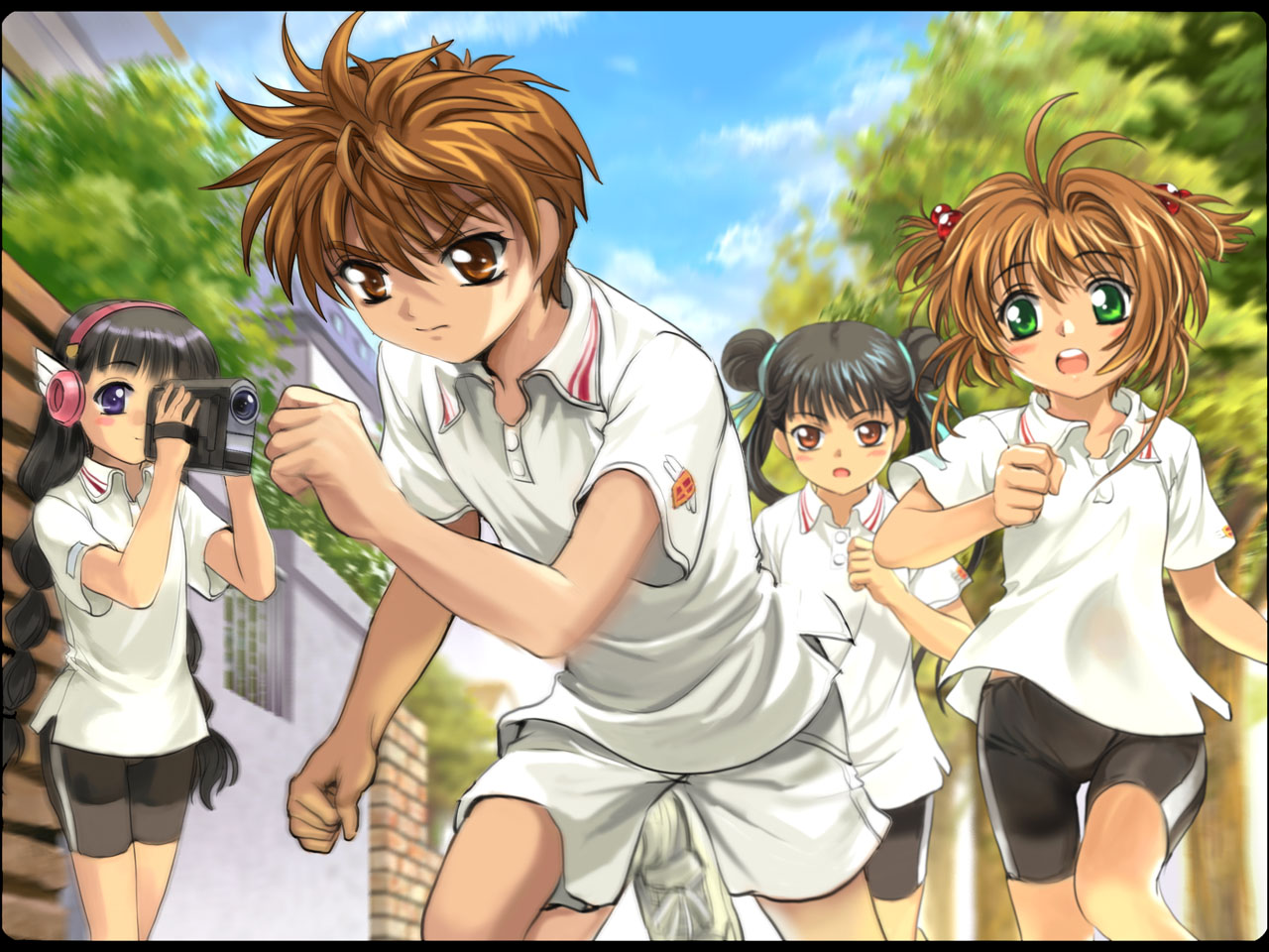 mutsuki (moonknives), daidouji tomoyo, kinomoto sakura, li meiling, li syaoran, cardcaptor sakura, kodansha, non-web source, 1990s (style), 1boy, 3girls, bike shorts, camcorder, camera, child, double bun, gym shorts, gym uniform, hair bobbles, hair bun, hair ornament, hairband, motion blur, multiple girls, retro artstyle, running, shorts, video camera