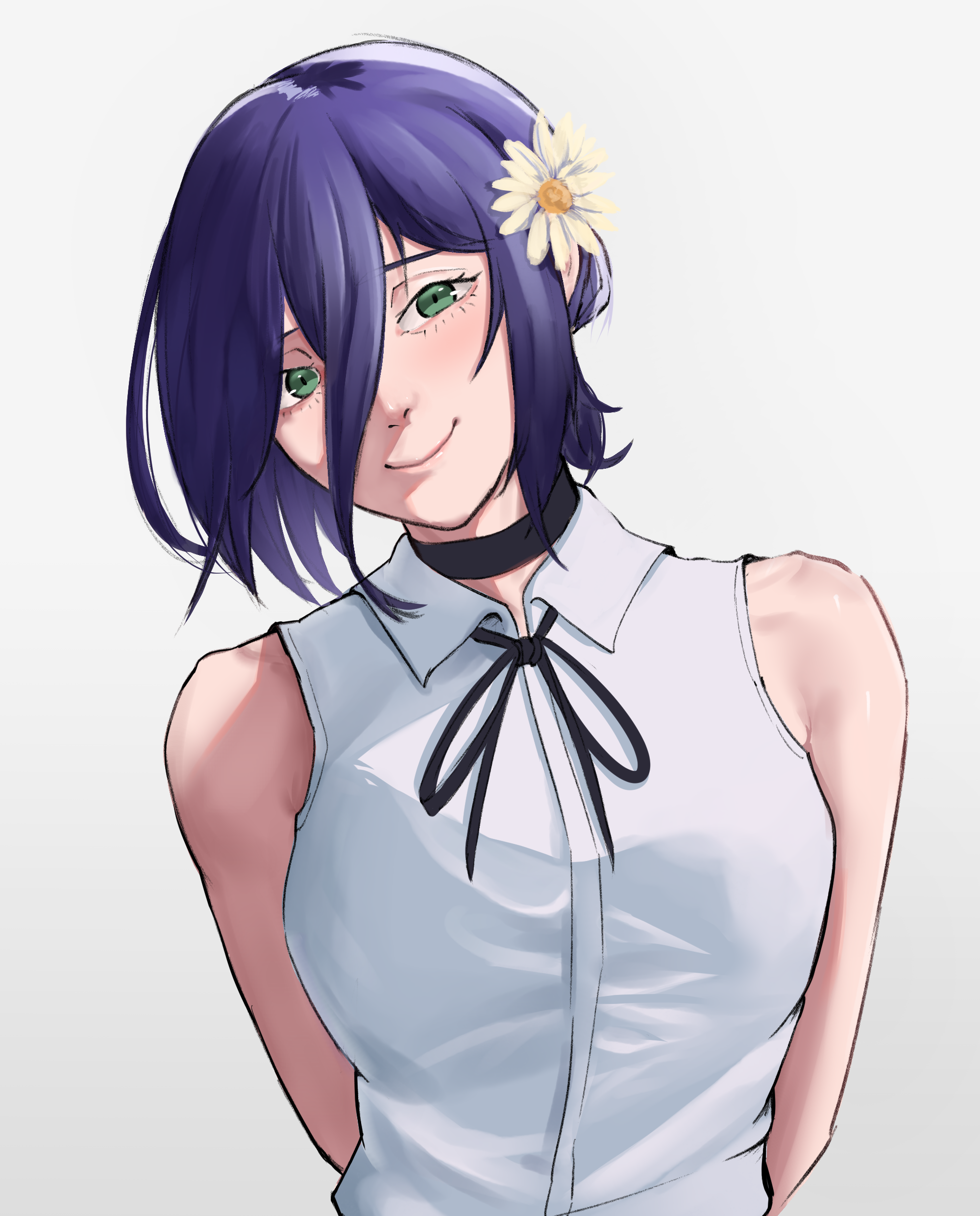 khit a, reze (chainsaw man), chainsaw man, absurdres, highres, 1girl, arms behind back, black choker, black ribbon, choker, closed mouth, flower, green eyes, grey background, hair between eyes, hair flower, hair ornament, neck ribbon, purple hair, ribbon, shirt, sleeveless, sleeveless shirt, smile, solo, white flower, white shirt
