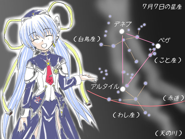 hoshino yumemi, planetarian, 00s, 1girl, blue hair, constellation, female focus, ribbon, smile, solo