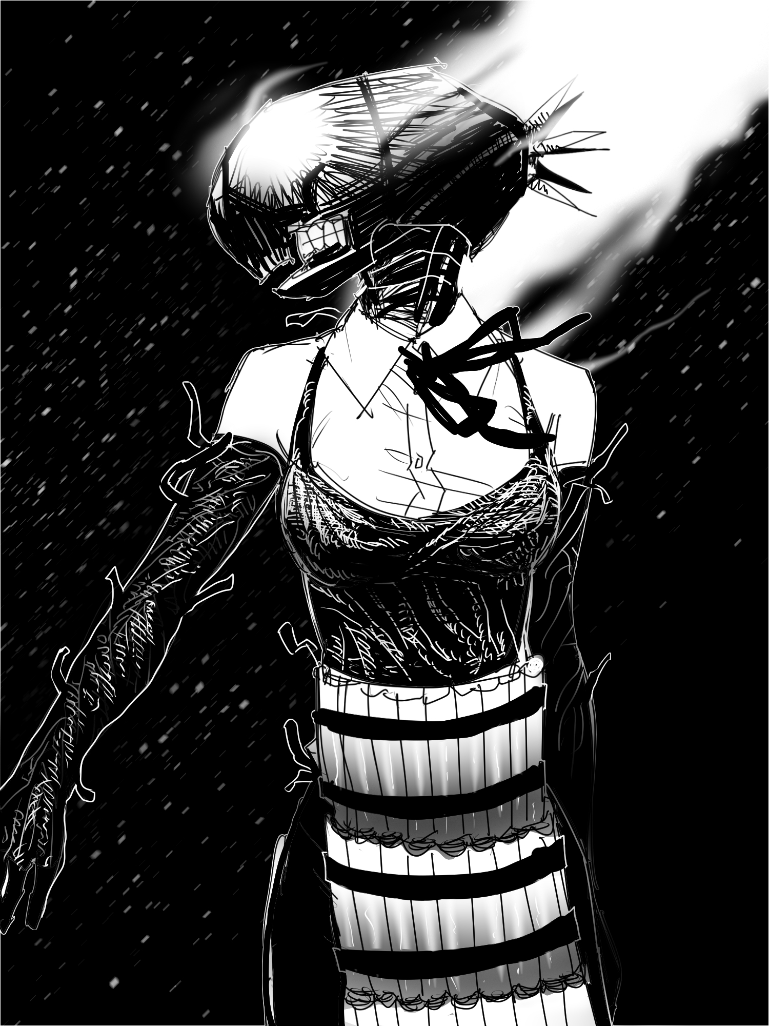 bomb devil (chainsaw man), chainsaw man, highres, 1girl, apron, collared shirt, dynamite, elbow gloves, explosive, gloves, greyscale, hanmari, monochrome, neck ribbon, object head, ribbon, shirt, sleeveless, sleeveless shirt, smoke, solo, teeth
