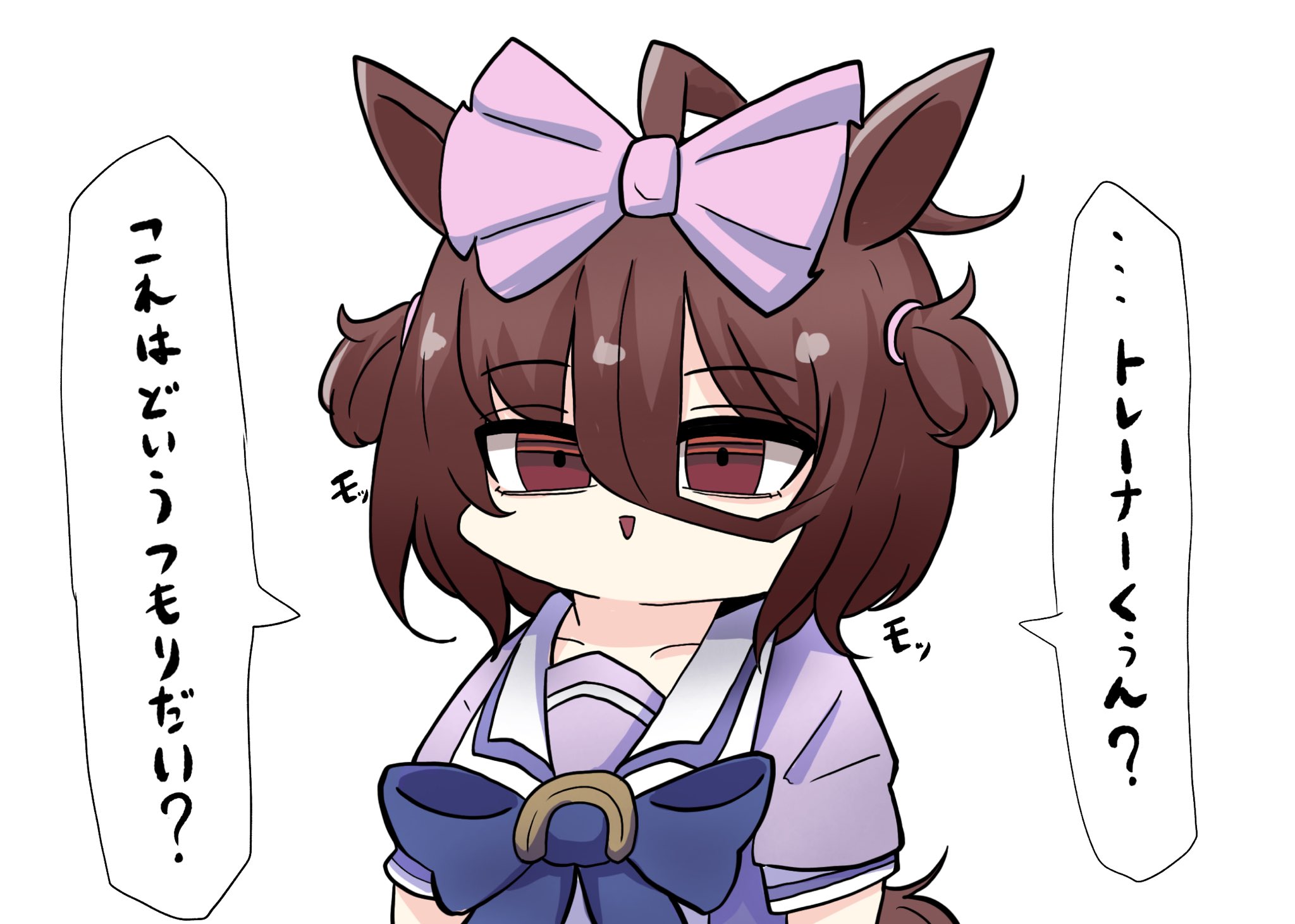 kawamochi (kawauti919), agnes tachyon (umamusume), umamusume, highres, translation request, 1girl, :>, ahoge, animal ears, blue bow, bow, brown eyes, brown hair, chibi, collarbone, hair between eyes, hair bow, horse ears, horse girl, horse tail, looking at viewer, parted lips, pink bow, puffy short sleeves, puffy sleeves, purple shirt, school uniform, shirt, short sleeves, simple background, smile, solo, tail, tracen school uniform, triangle mouth, two side up, upper body, white background