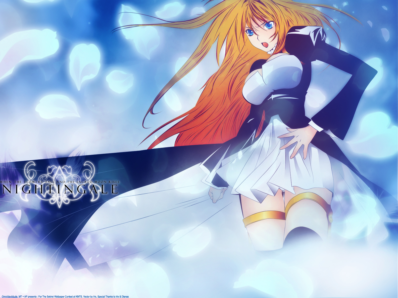 gokurakuin sakurako, tsukiumi, sekirei, breast hold, highres, 00s, 1girl, black thighhighs, blonde hair, blue eyes, breasts, cleavage, dress, female focus, gradient hair, large breasts, long hair, multicolored hair, open mouth, orange hair, petals, pleated skirt, skirt, solo, standing, thigh gap, thigh strap, thighhighs, thighs, turtleneck, very long hair, zettai ryouiki