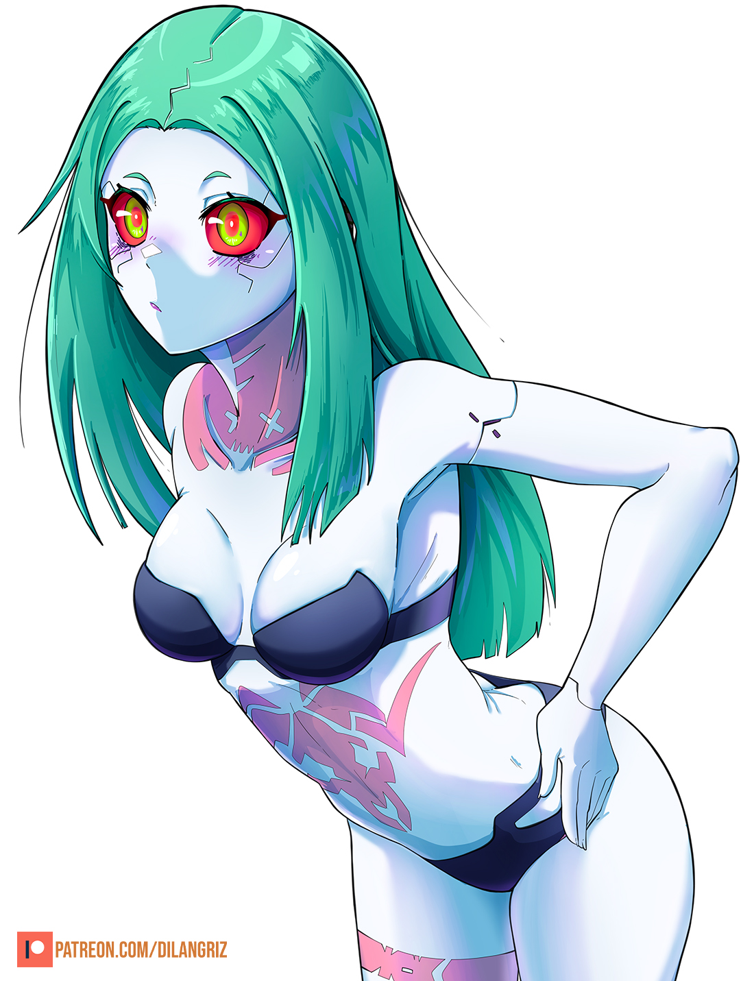 dilan griz, rebecca (cyberpunk), cyberpunk: edgerunners, cyberpunk (series), commentary, english commentary, highres, 1girl, artificial eye, black bra, black panties, bra, breasts, butt crack, colored sclera, colored skin, cyborg, green eyes, green hair, hand on own hip, joints, leaning forward, leg tattoo, long hair, neck tattoo, panties, patreon logo, patreon username, petite, pink tattoo, red pupils, red sclera, robot joints, simple background, small breasts, solo, stomach tattoo, strapless, strapless bra, tattoo, underwear, underwear only, white background, white skin