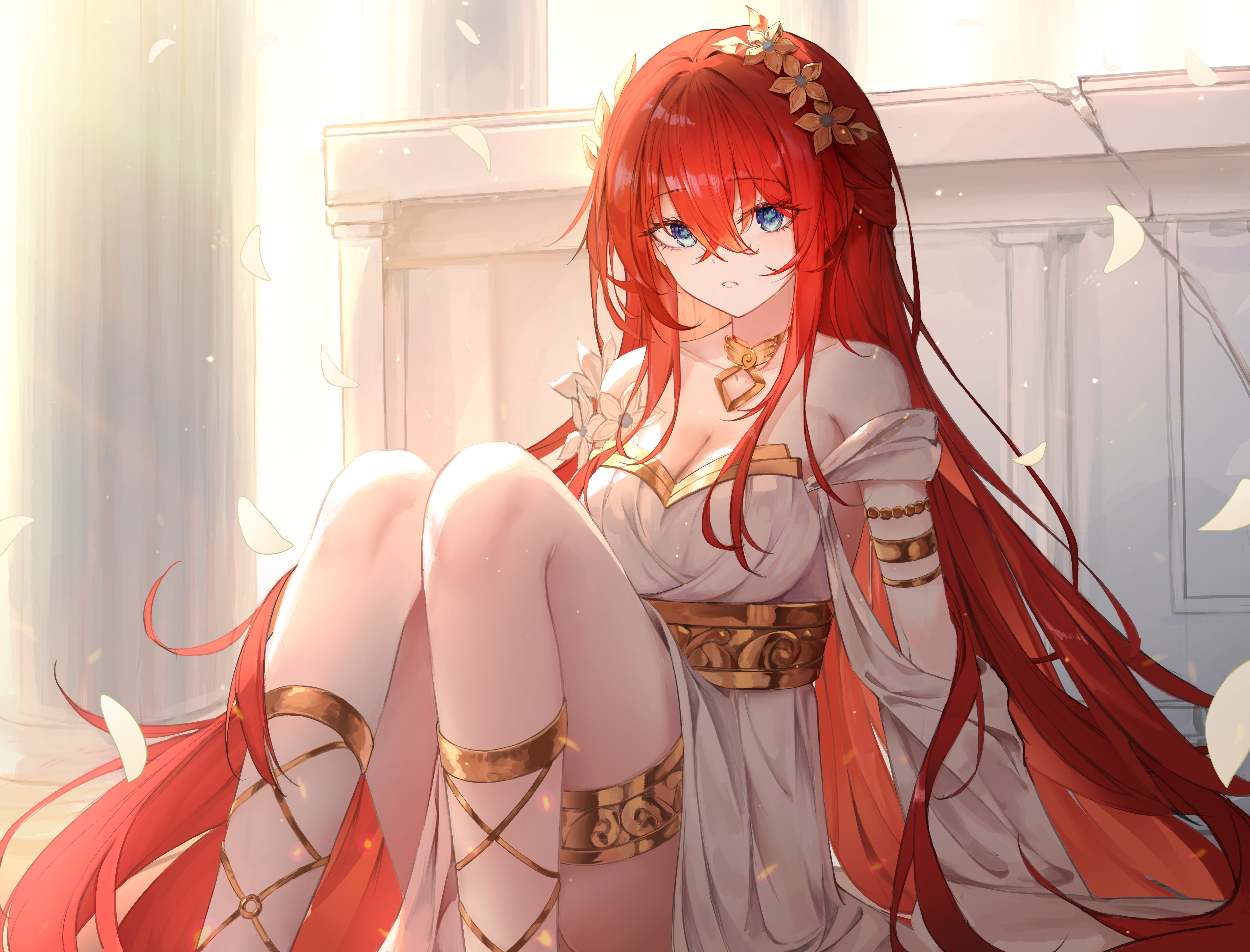 tribios (honkai: star rail), honkai: star rail, honkai (series), absurdres, highres, 1girl, bare shoulders, blue eyes, breasts, cleavage, dress, falling petals, feet out of frame, flower, gold necklace, hair between eyes, hair flower, hair ornament, jewelry, knees up, large breasts, long hair, looking at viewer, mua1475, necklace, petals, pillar, red hair, sitting, solo, thighlet, very long hair, white dress