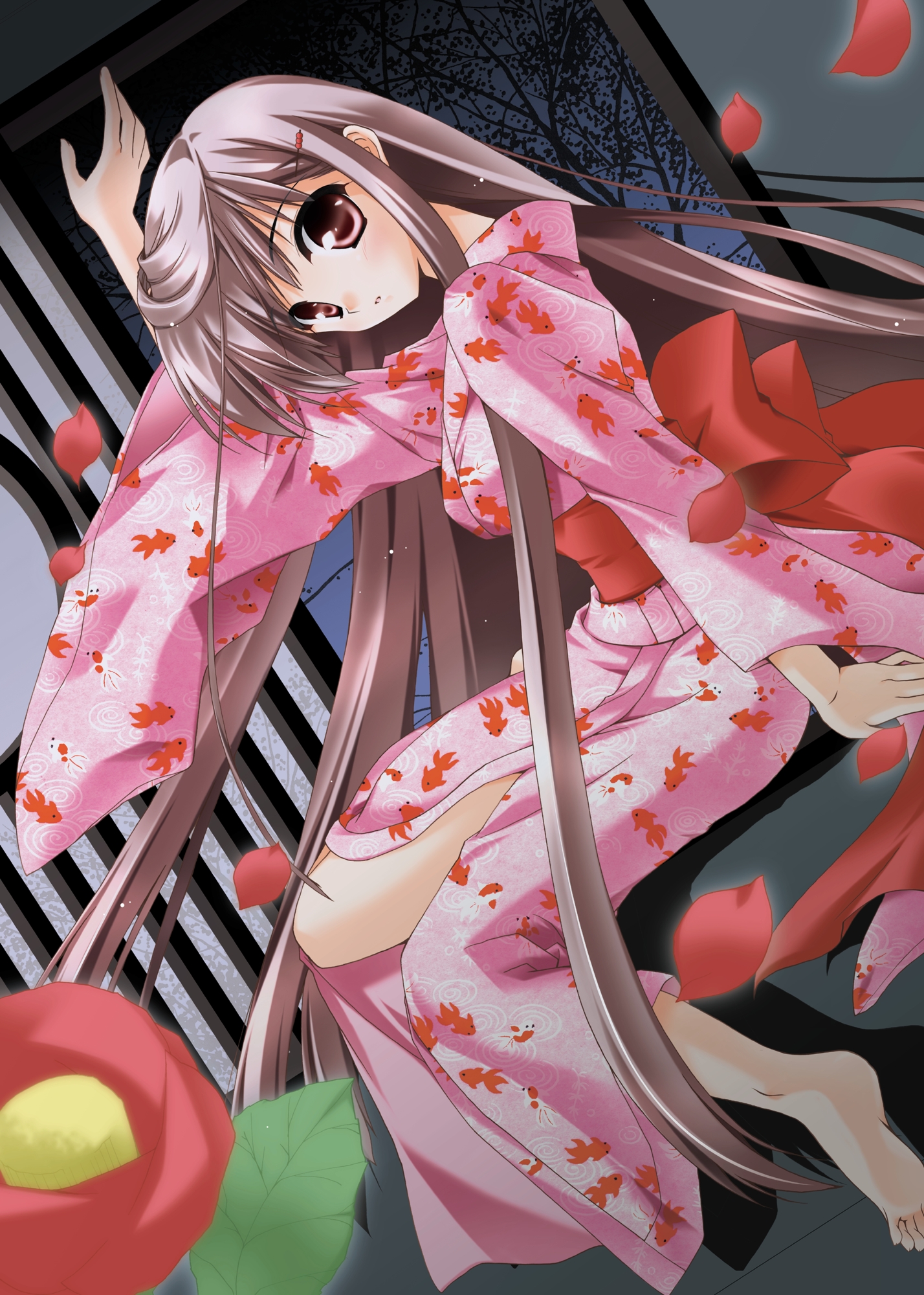 minase (artist), minase lin, highres, brown hair, japanese clothes, petals, red eyes, solo