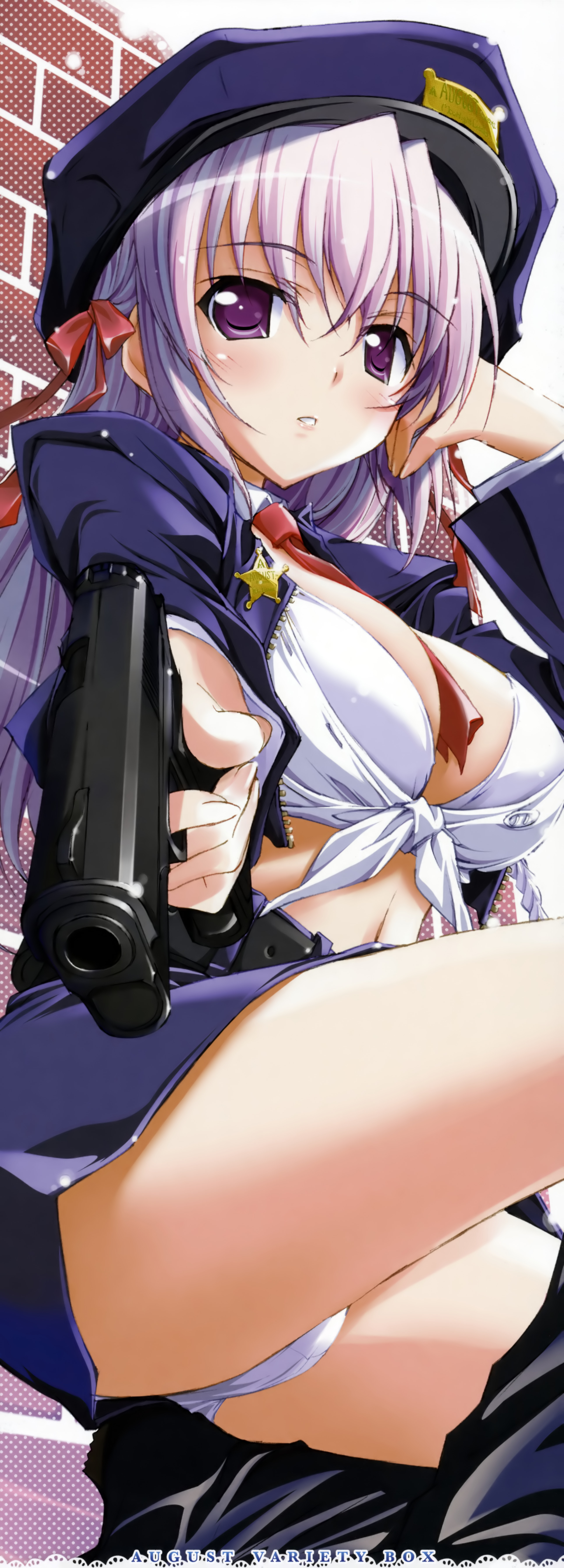 kurashima tomoyasu, estel freesia, yoake mae yori ruri iro na, light purple hair, absurdres, highres, long image, tall image, 1girl, badge, between breasts, blush, bra, breasts, cleavage, female focus, fingernails, from below, gun, hair between eyes, hair ribbon, hand in own hair, handgun, hat, holding, large breasts, lingerie, lips, long hair, looking at viewer, midriff, miniskirt, navel, necktie, open clothes, open shirt, panties, pantyshot, parted lips, pointing, police, police uniform, policewoman, purple eyes, purple hair, ribbon, shirt, skirt, solo, stick poster, thighs, tied shirt, underwear, upskirt, weapon, white bra, white panties