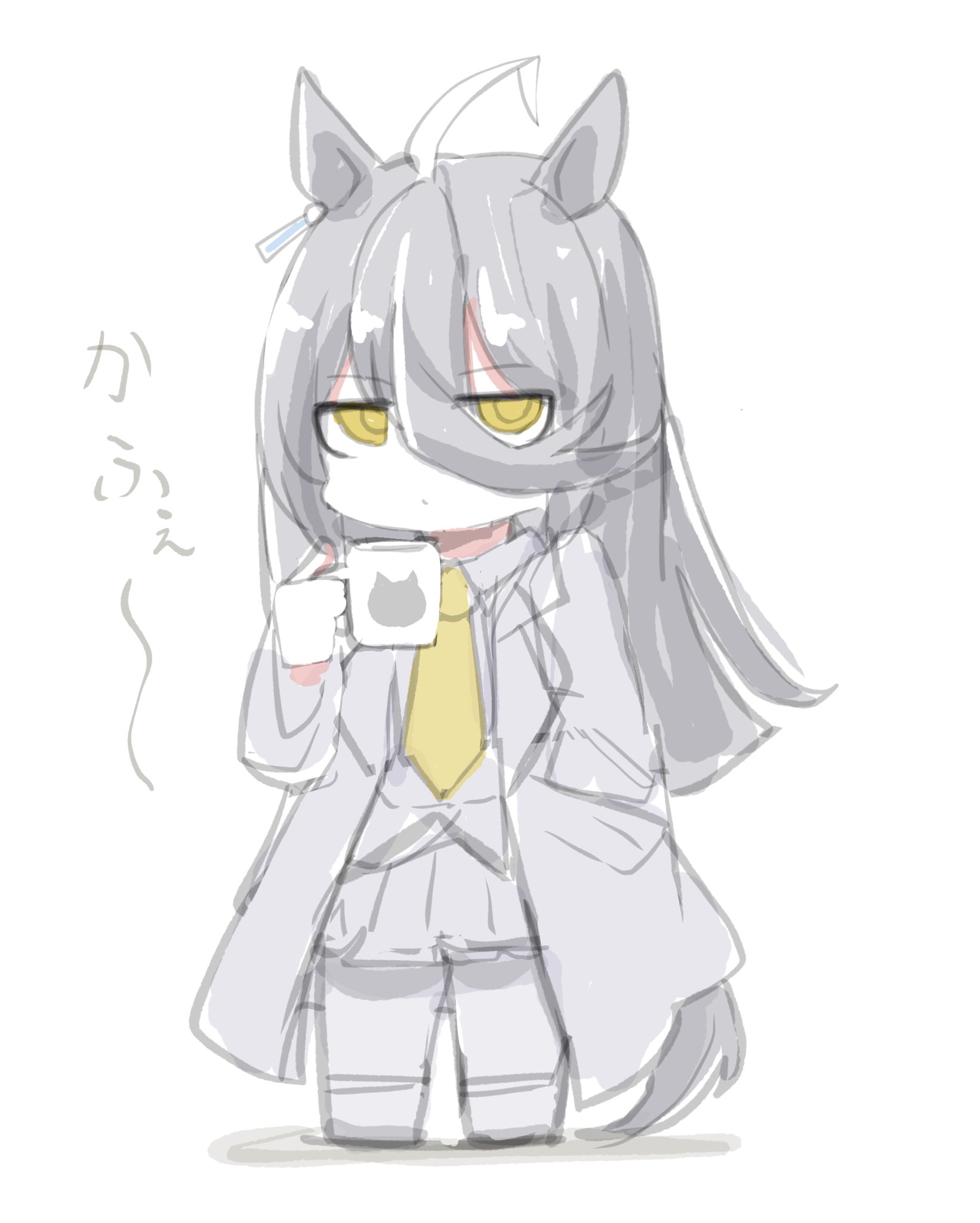 kawamochi (kawauti919), manhattan cafe (creeping black) (umamusume), manhattan cafe (umamusume), umamusume, highres, translation request, 1girl, ahoge, animal ears, black hair, black jacket, black pantyhose, black shirt, black shoes, black skirt, chibi, closed mouth, collared shirt, cup, hair between eyes, holding, holding cup, horse ears, horse girl, horse tail, jacket, jitome, long hair, looking at viewer, mug, multicolored hair, necktie, open clothes, open jacket, pantyhose, pleated skirt, shadow, shirt, shoes, simple background, skirt, solo, tail, two-tone hair, very long hair, white background, white hair, yellow eyes, yellow necktie