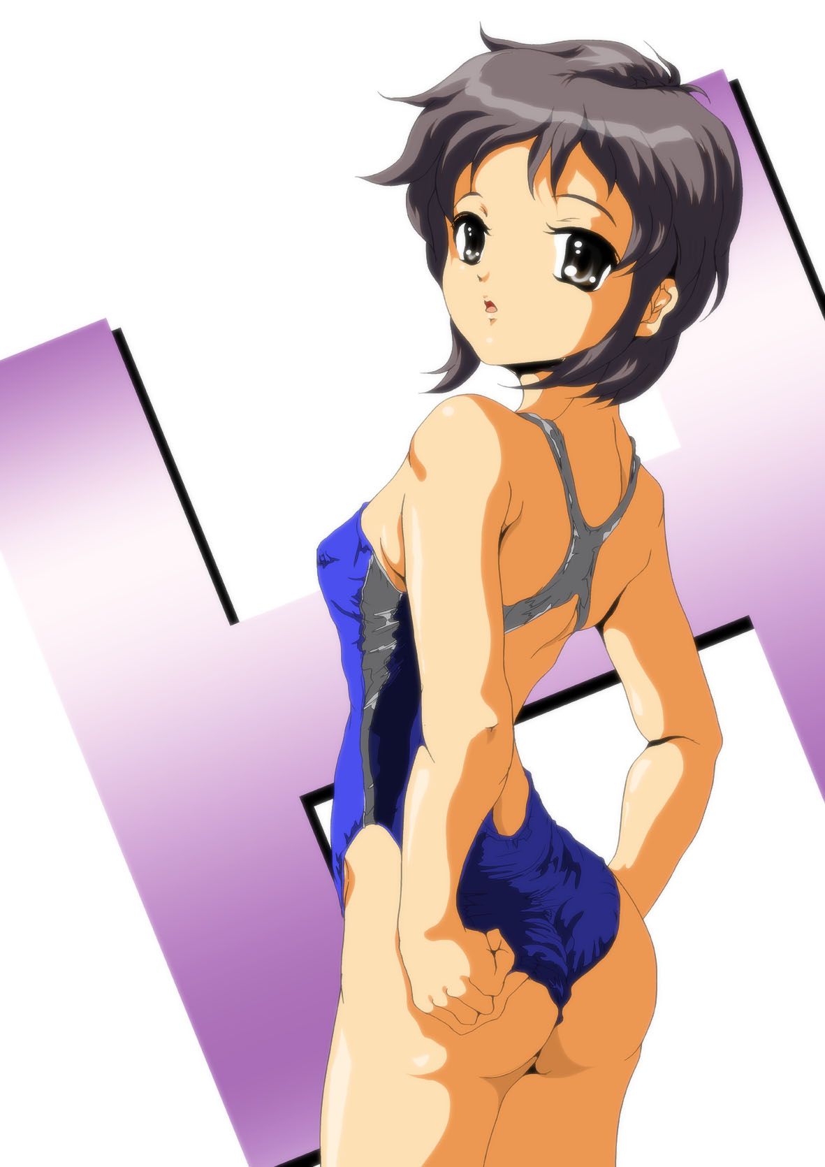 nanashi noiji, nagato yuki, suzumiya haruhi no yuuutsu, silver hair, highres, non-web source, 00s, adjusting clothes, adjusting swimsuit, ass, brown eyes, competition swimsuit, looking back, one-piece swimsuit, short hair, solo, swimsuit, wedgie