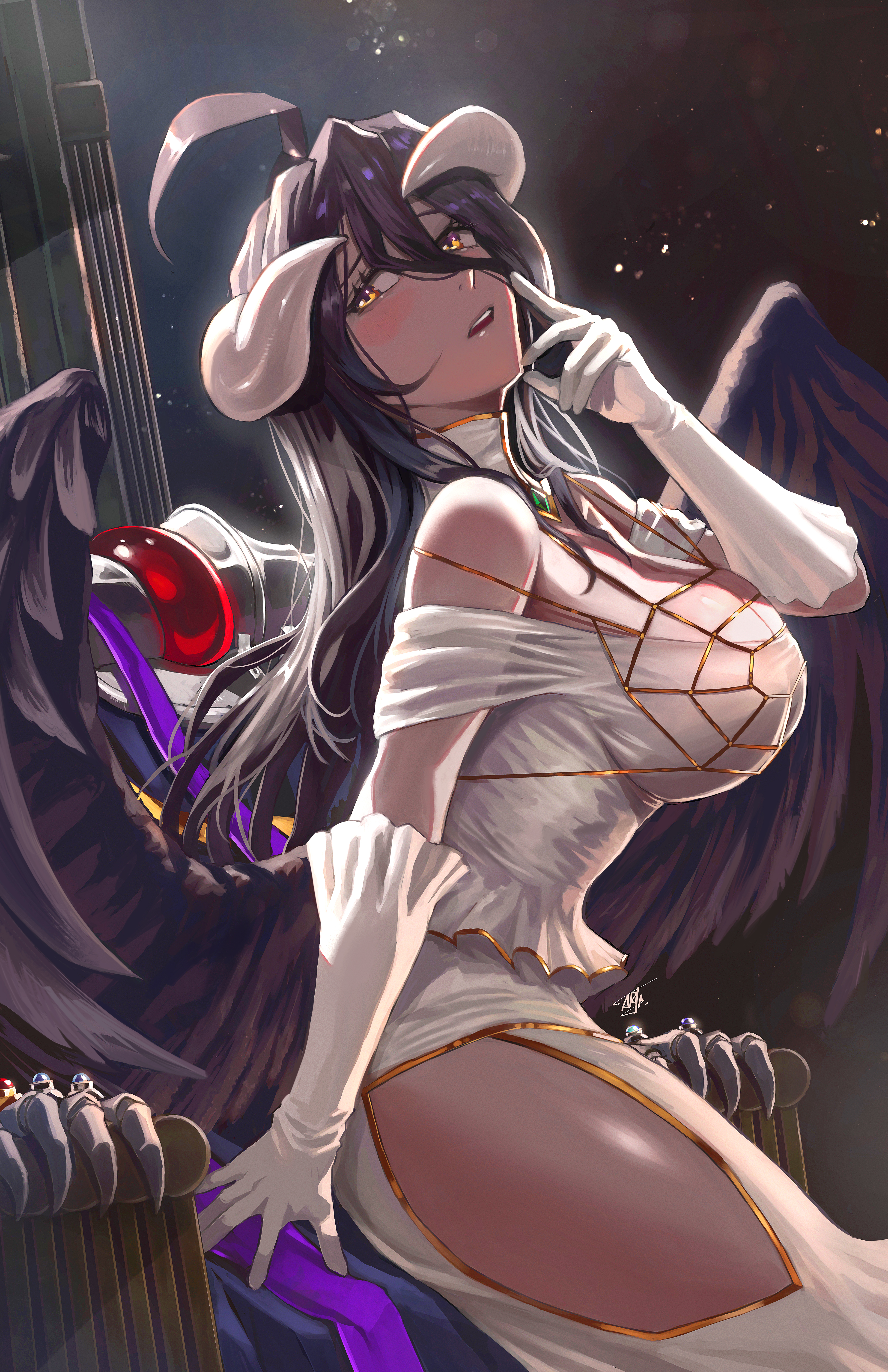 adam ryu ford, ainz ooal gown, albedo (overlord), overlord (maruyama), absurdres, commentary request, highres, revision, 1boy, 1girl, ahoge, black hair, black robe, blush, breasts, cleavage, demon girl, demon horns, dress, gloves, gold necklace, horns, jewelry, large breasts, long hair, necklace, ring, robe, sitting, white gloves