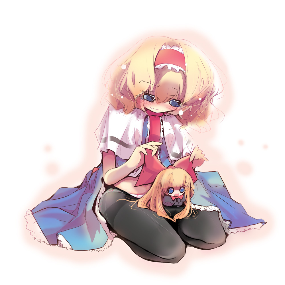 usoneko, alice margatroid, shanghai doll, touhou, bad id, bad pixiv id, 1girl, blonde hair, blue eyes, blush, fang, female focus, hairband, panties, panties under pantyhose, pantyhose, ribbon, short hair, solo, thighband pantyhose, underwear