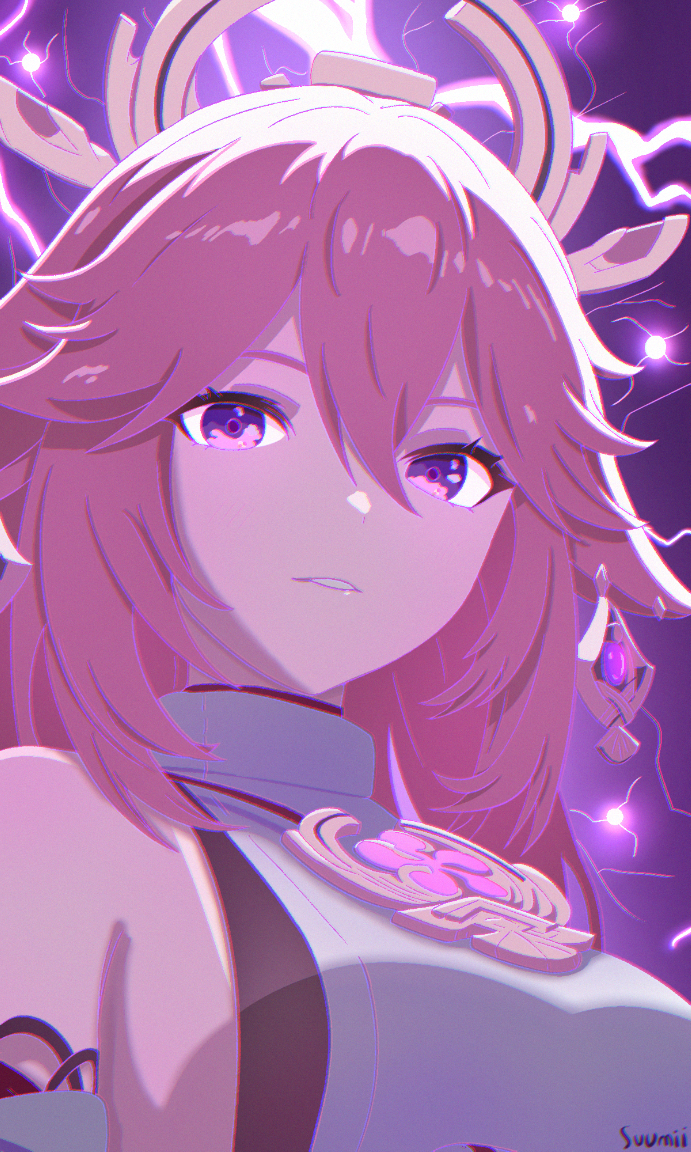 yae miko, genshin impact, absurdres, highres, 1girl, bare shoulders, electricity, long hair, looking at viewer, parted lips, pink hair, purple eyes, shirt, sleeveless, sleeveless shirt, solo, suumii, upper body, white shirt